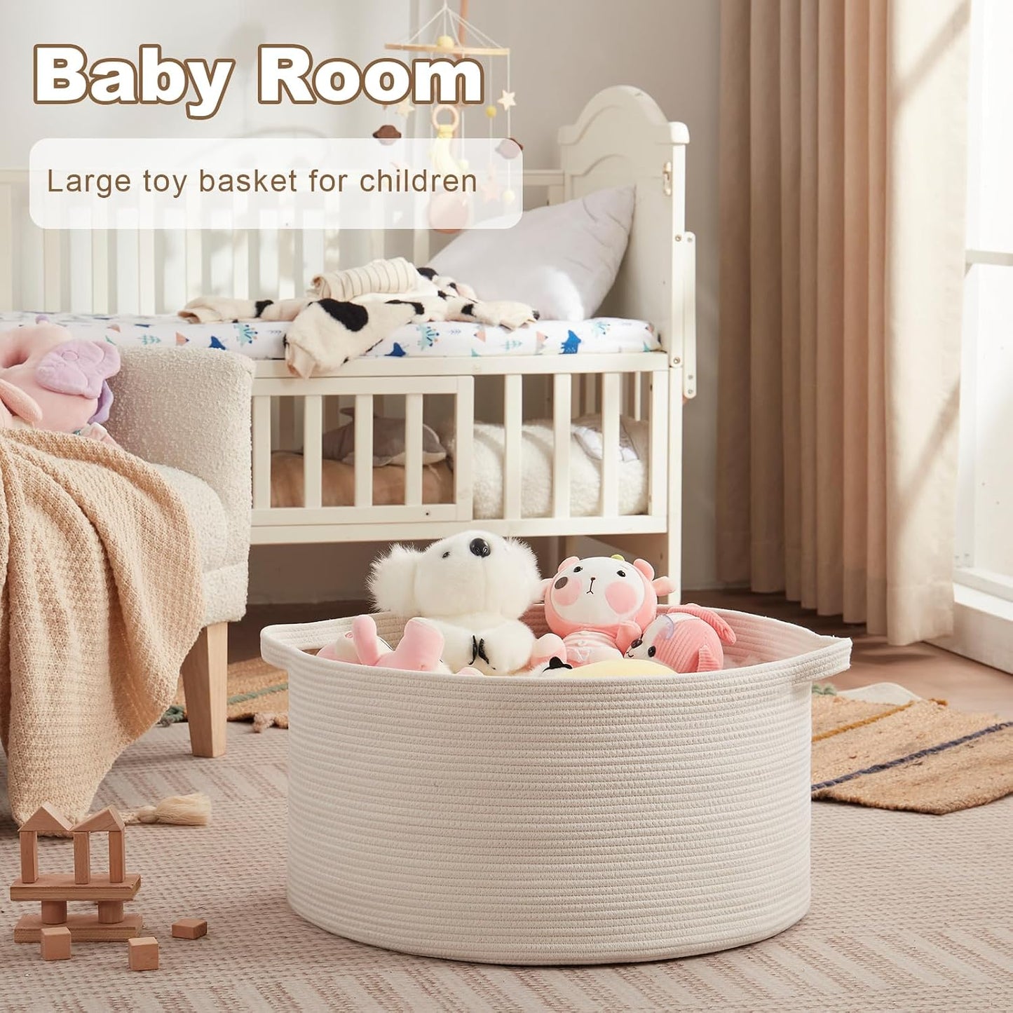 OIASKET Large Woven Baskets for Storage, 22.8" x 22.8" x 13" Blanket Storage Living Room, Baby Toy Basket for Clothes, Pillows, Towels, Shoe Basket for Entryway (White)