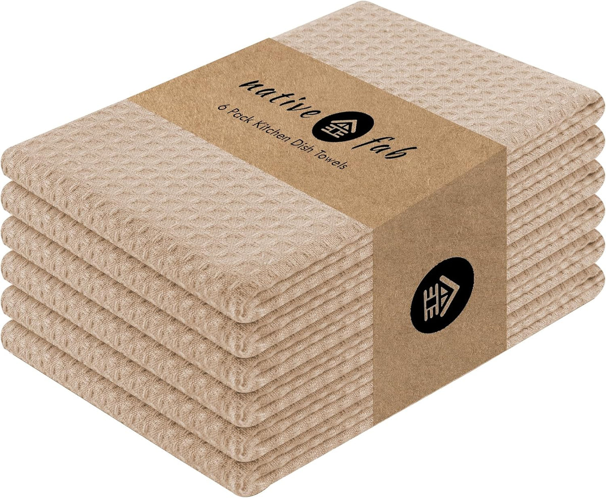 Native Fab Waffle Weave Dish Towels 12 Pack 100% Cotton, 16x26 Inches, Super Absorbent, Quick Dry, Waffle Knit Dishcloths with Hanging Loop, Washable for Kitchen Cleaning, Drying Dishes, Brown