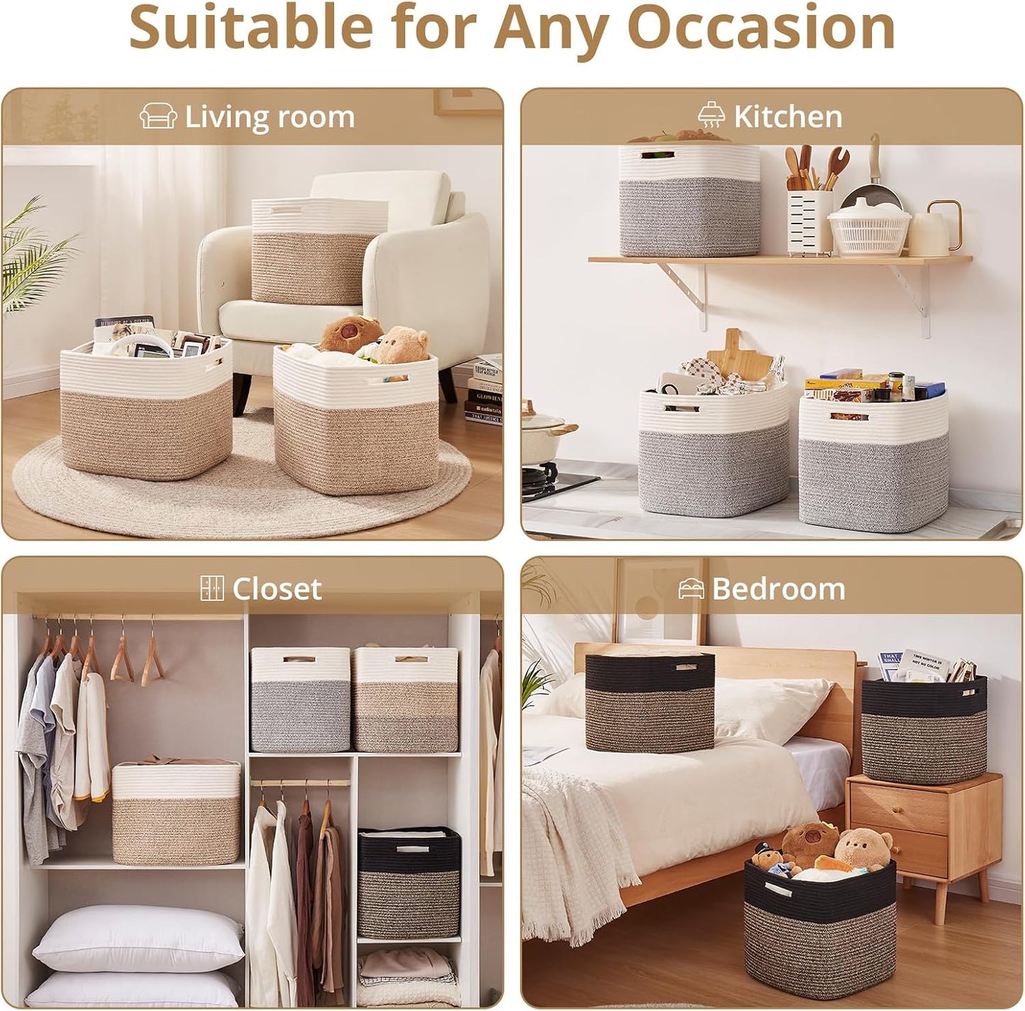 OIAHOMY 13 Inch Cube Storage Bins, 3-Pack Cotton Rope Woven Baskets for Organizing, Insert Storage Baskets for Shelves, Baby Nursery, Closet Organizer, 13 * 13 * 12.6IN, Gradient Brown