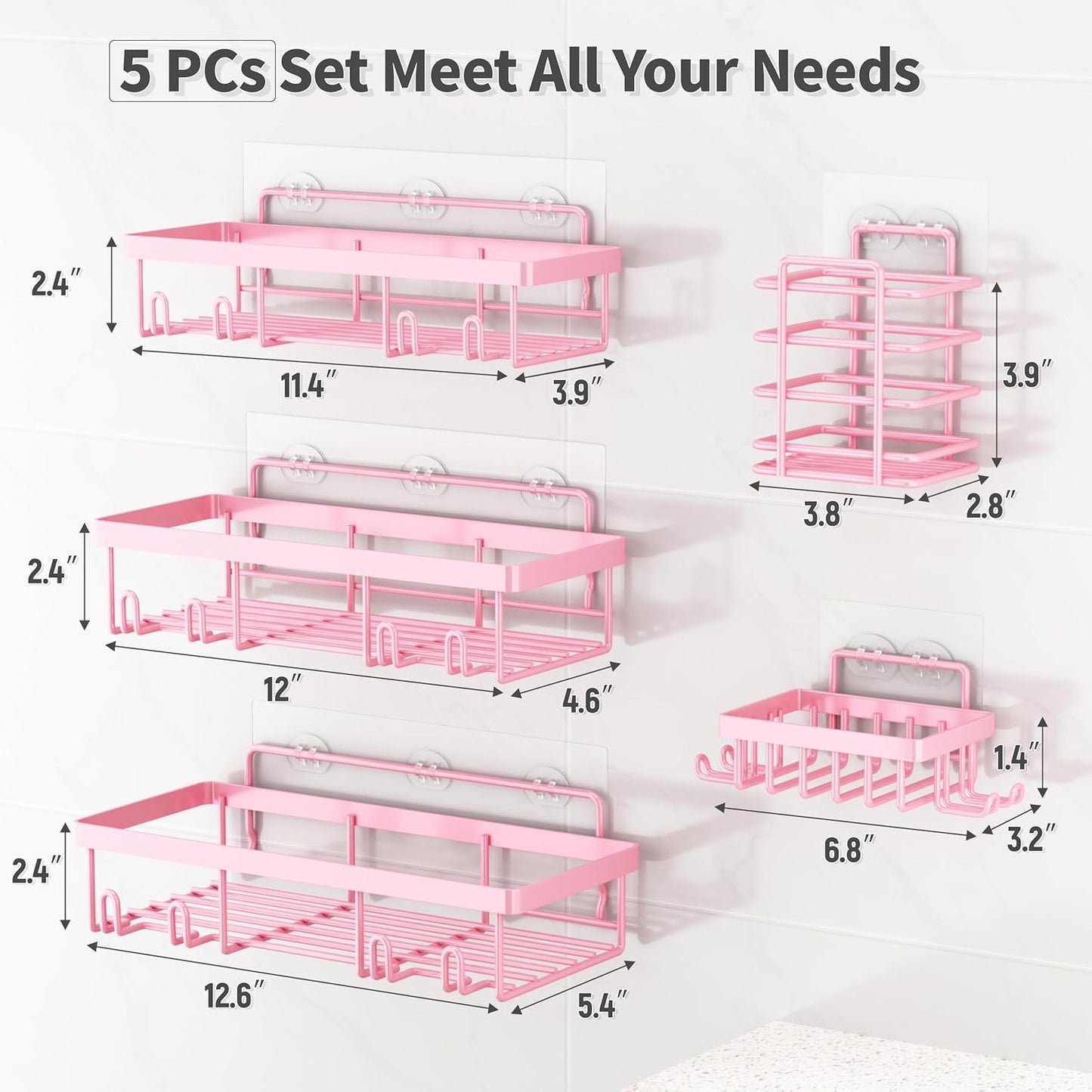 Liuoud 5 Pack Shower Caddy Organizer Rack Shelf for Inside Shower, Adhesive Bathroom Wall Storage Basket Rustproof Stainless Steel Shampoo Holder, Girly Bathroom Accessory Decor Set, Pink