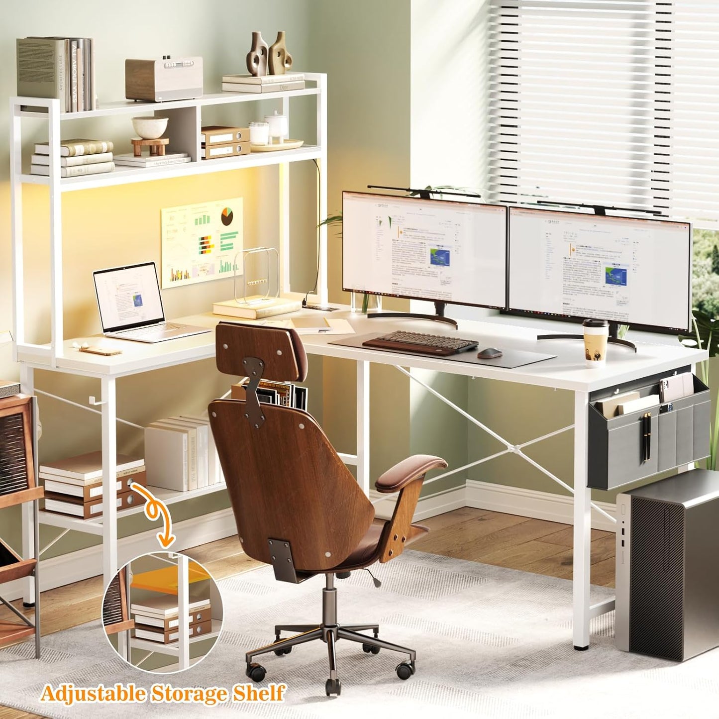 Aheaplus L Shaped Desk Gaming Desk, 59" L Shaped Computer Desk with LED Light & Power Outlet, Reversible Home Office Desk Gamer Desks with Shelves & Storage Bag & Hooks, Corner PC Desk, White