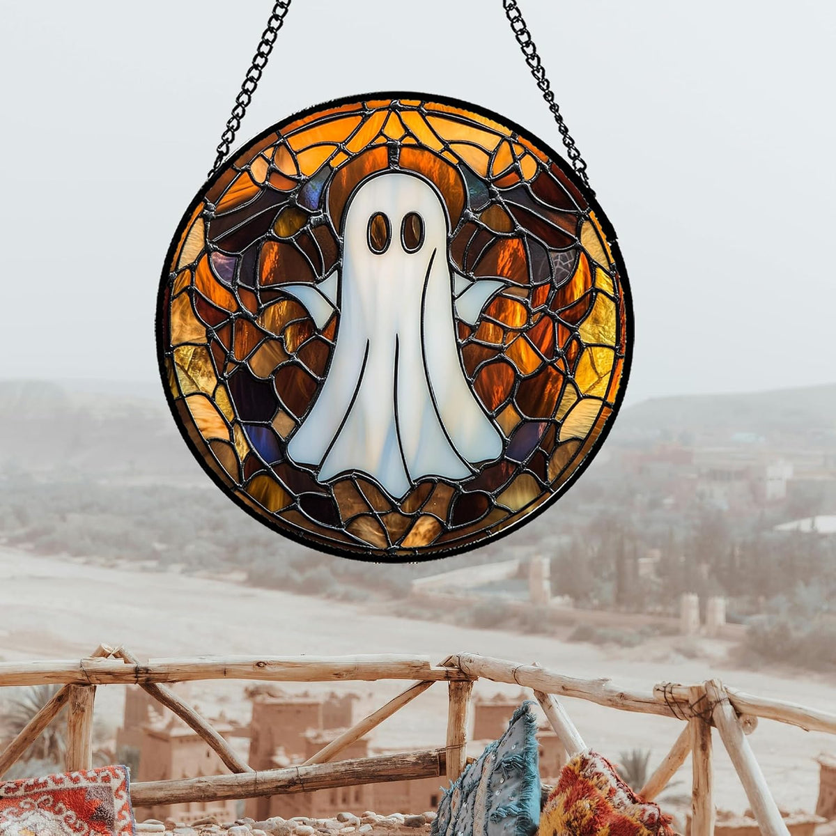 DASTOLL Stained Glass Window Hanging Halloween White Horror Ghost Large 11.8" - Suncatcher Door Garden Kitchen Sun Catcher Home Gothic Decor Birthday for Mom Men Woman Friend Grandma