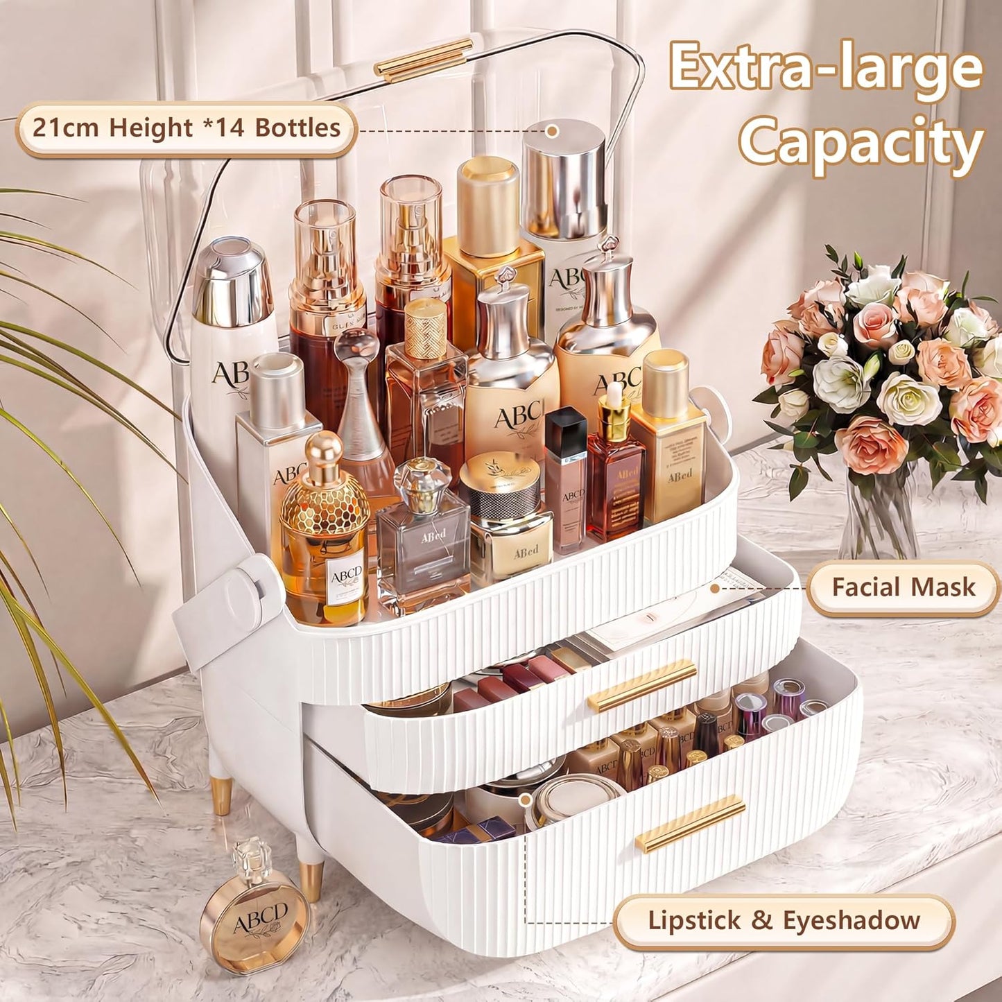 Makeup Organizer Skincare Organizers - Cosmetic Display Cases with Transparent Cover, SkinCare Organizers for Bathroom Countertop, Bedroom Vanity Desk, Lipstick Organizer, White