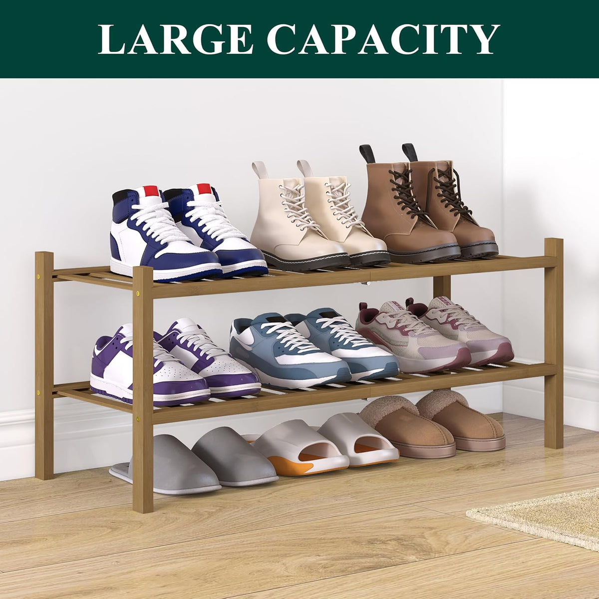 Smiry Bamboo Shoe Rack for Closet, 2 Tier - 26.77" Wide, Walnut