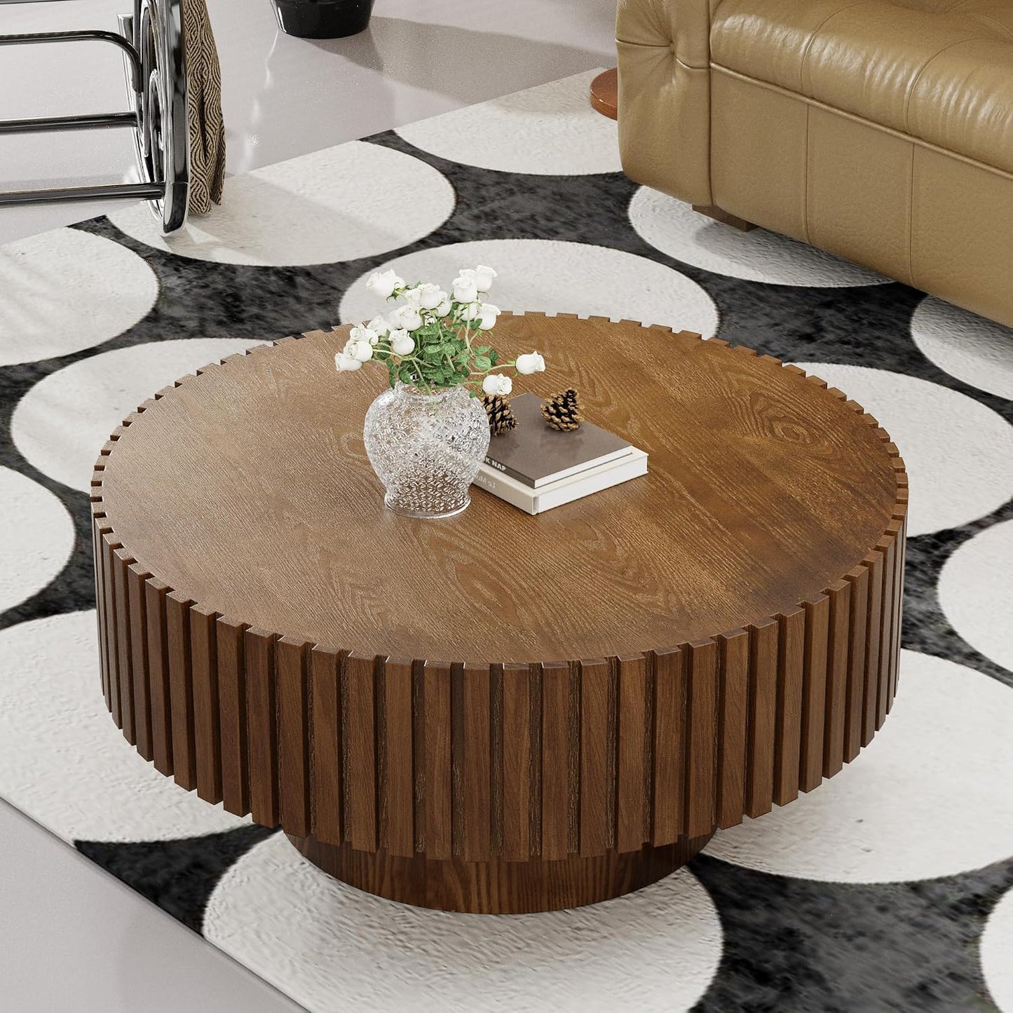 Mid Century Modern Round Fluted Coffee Table (J) | Handcraft Drum Coffee Table, Sturdy Pedestal, Wood Veneer Top, for Living Room Reception Room Farmhouse