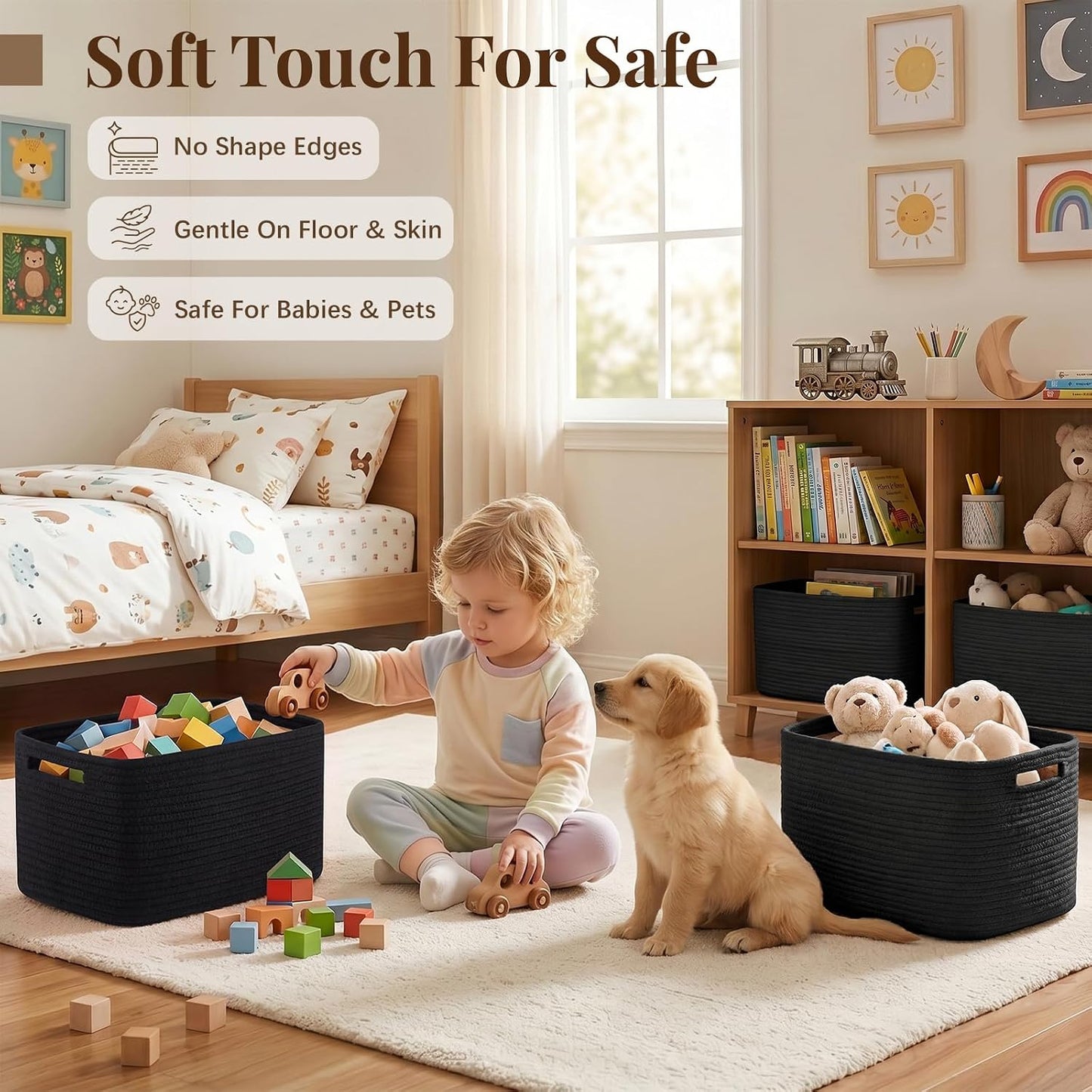 OIASKET 4Packs Natural Cotton Rope Storage Baskets for Organizing Toys, Clothes, Towels & Books, Soft Versatile Organizers for Shelves, Home Decorative Bins, 13''Lx9''Wx7.8''H, Black
