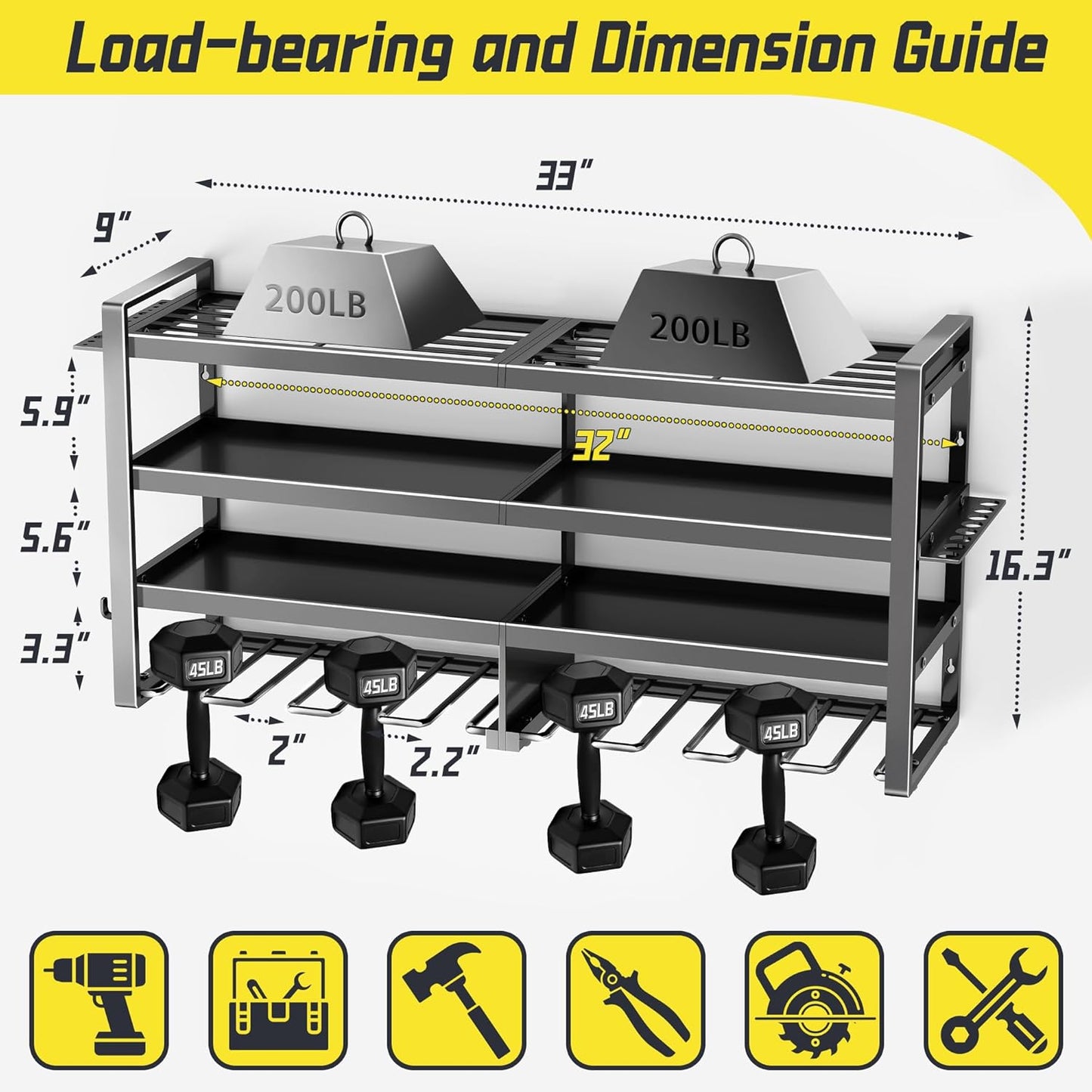 Power Tool Organizer Wall Mount,4 Layers Heavy Duty Storage Rack with 8 Drill Holder, Easy Installation, Tool Organizer Wall Mount for Garage Workshop and Home Organization.