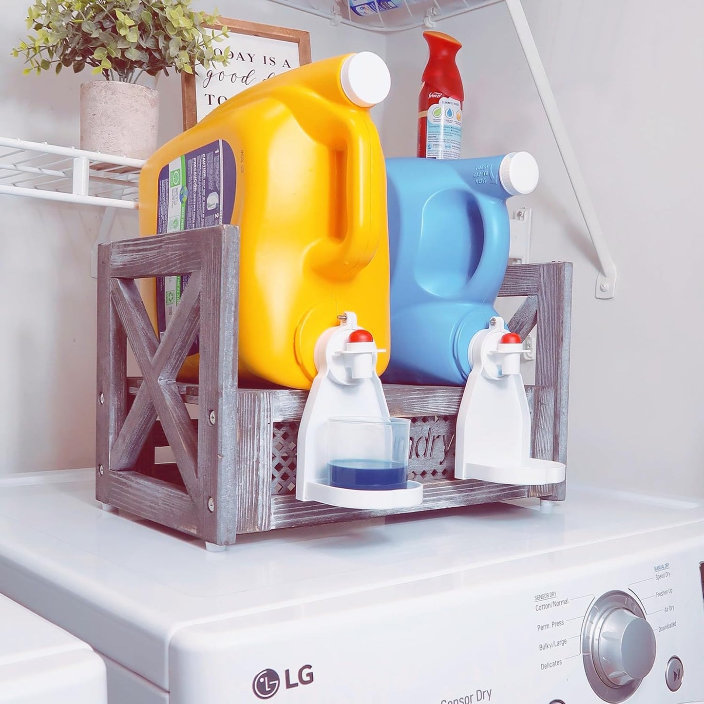 Laundry Detergent Holder, Farmhouse Wooden Laundry Station Dispenser Storage Space Holds Liquid Detergent Tub and Fabric Softener Tub, Rustic Grey