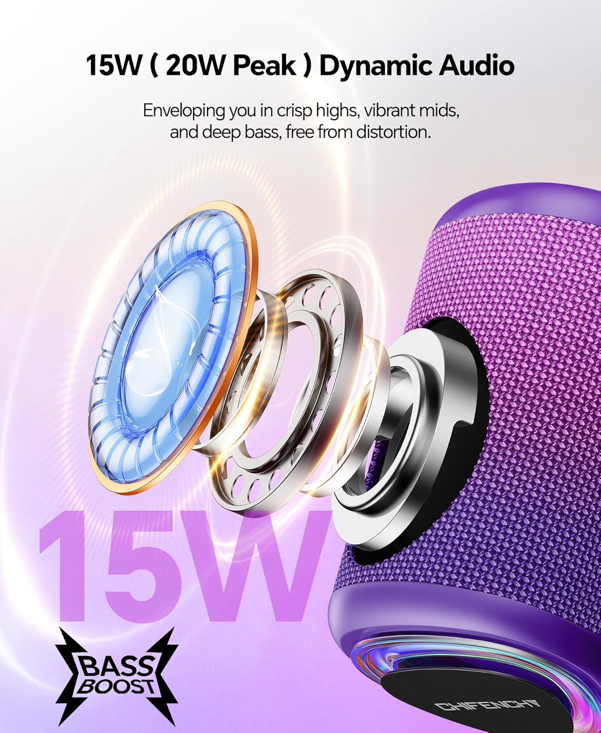 Portable Bluetooth Speaker Beach Essentials: Powerful Crystal Clear Sound/Dynamic Light/IPX5 Waterproof/All Day Playtime/Wireless BT 5.3/TWS Paring, Dad Gifts, Outdoor|Travel|Camping|Pool Accessories