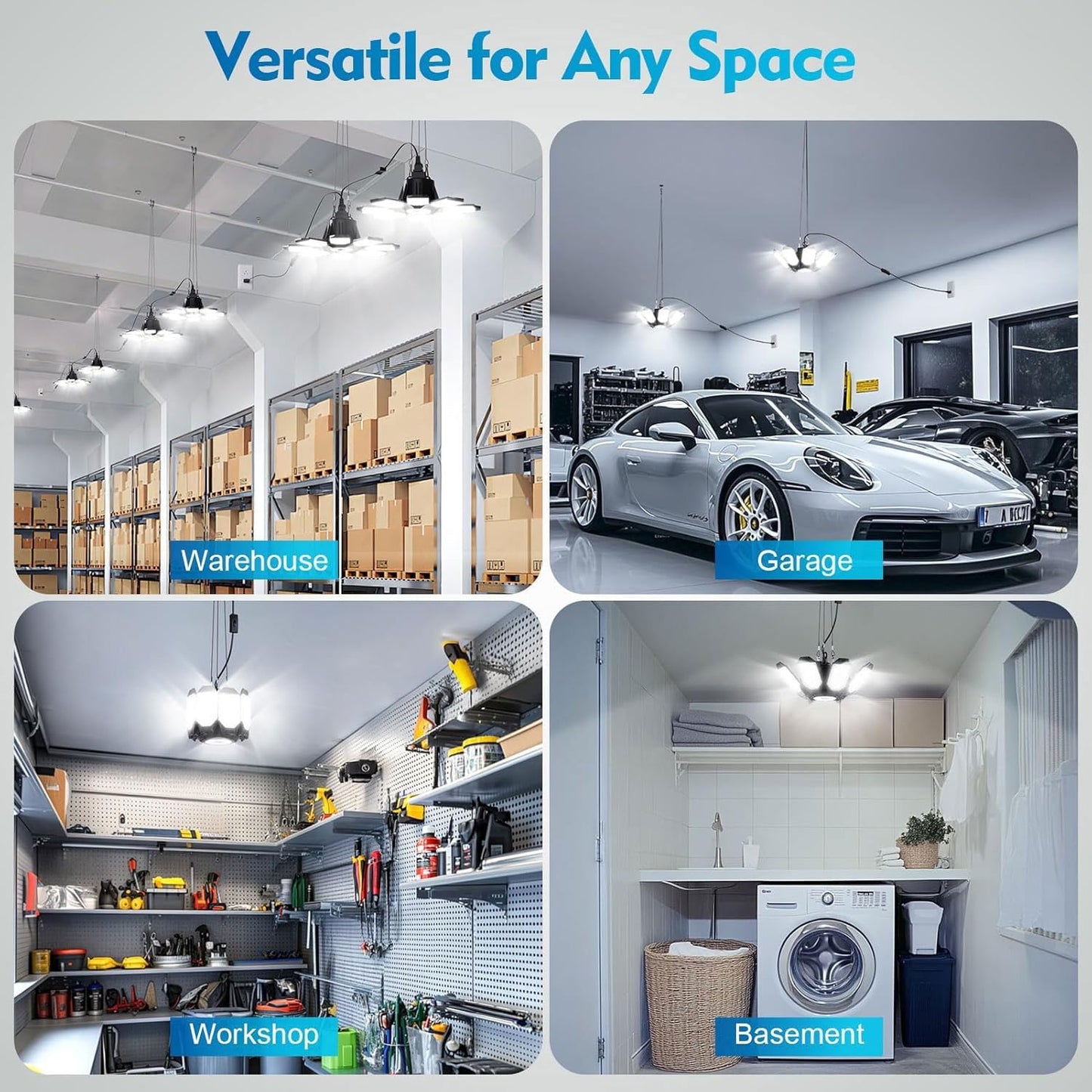 TANBABY 2 Pack LED Garage Lights, 250W Deformable Garage Light, Total 50000LM 6500K Daylight, 8+1 Adjustable Panels, Plug-in Cord Ceiling Light for Basement