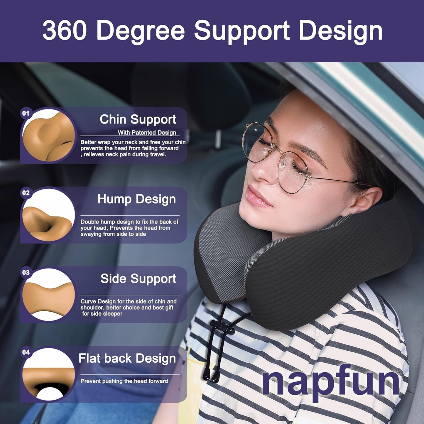 napfun Neck Pillow for Traveling, Upgraded Travel Neck Pillow for Airplane 100% Pure Memory Foam Travel Pillow for Flight Headrest Sleep, Portable Plane Accessories, Charcoal Black