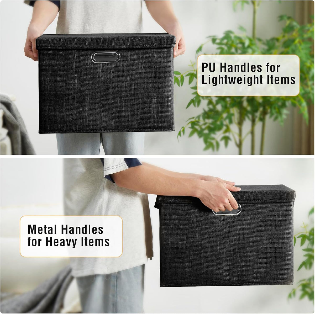 Roobyl 17" Large Fabric Storage Box with Lids, 3-Pack, Black