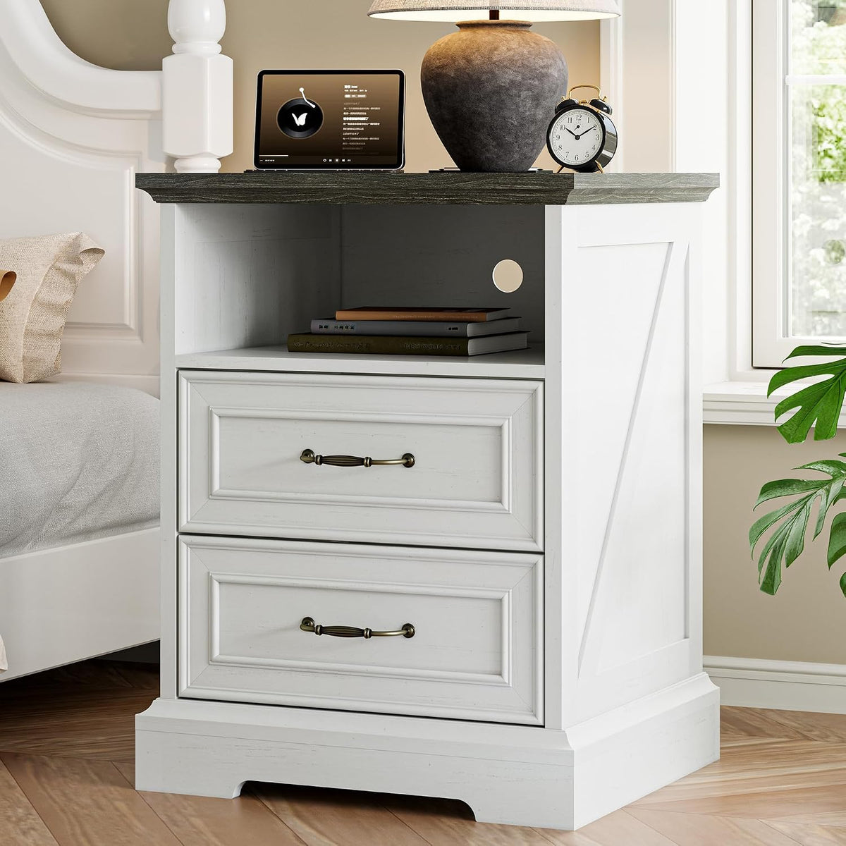 Xixini Tall Nightstand with Charging Station, Farmhouse White Bedside Table