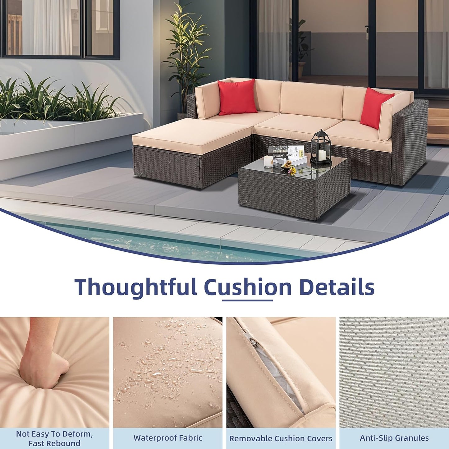 Vongrasig 5 Piece Patio Furniture Sets, Outdoor Patio Set Sectional Sofa, All-Weather PE Rattan Outdoor Couch with Ottoman, Glass Table for Garden, Backyard, Porch, Beige
