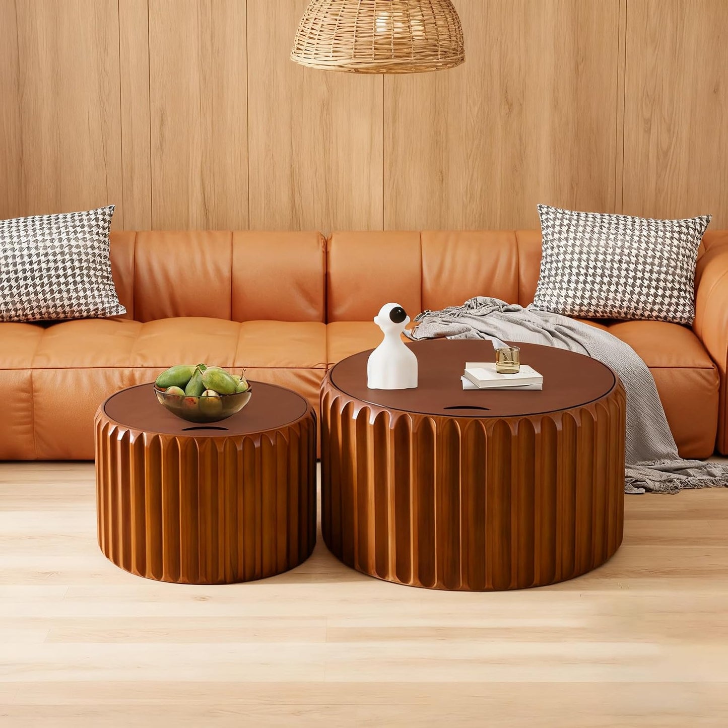 26" Round Nesting Coffee Table Set of 2 with Storage, A | Flip-Top Lid, Wood Veneer Tableop, Wood Groove, Non-Slip Pad, For Living Room, Nesting Design, 2-Piece End Table Sets