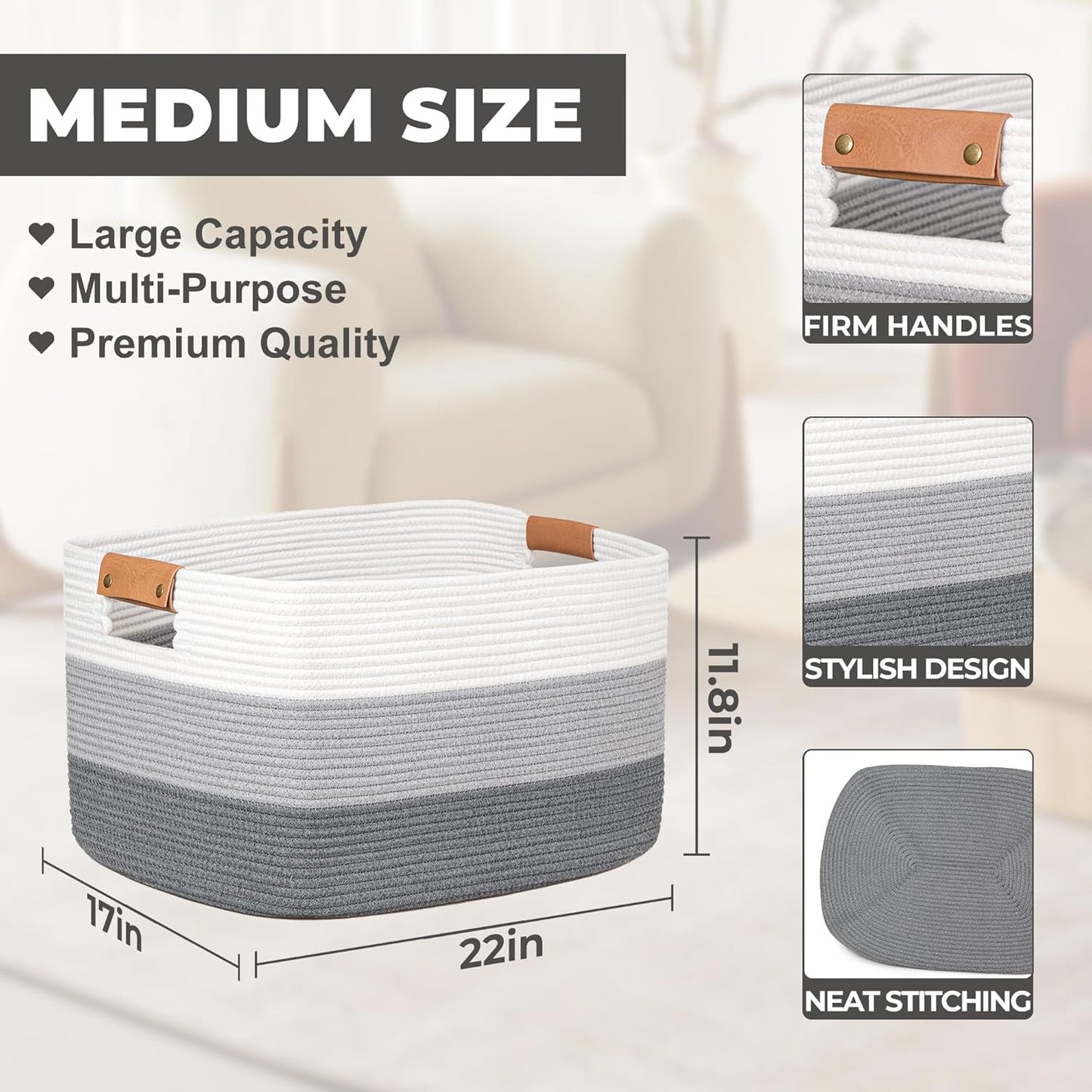 danpinera Blanket Basket, 72L Rectangle Large Basket for Living Room, Baby Room & Laundry, Woven Cotton Rope Toy Bin Baby Nursery Room Storage, 22’’*17’’*11.8’’, Gradient Grey