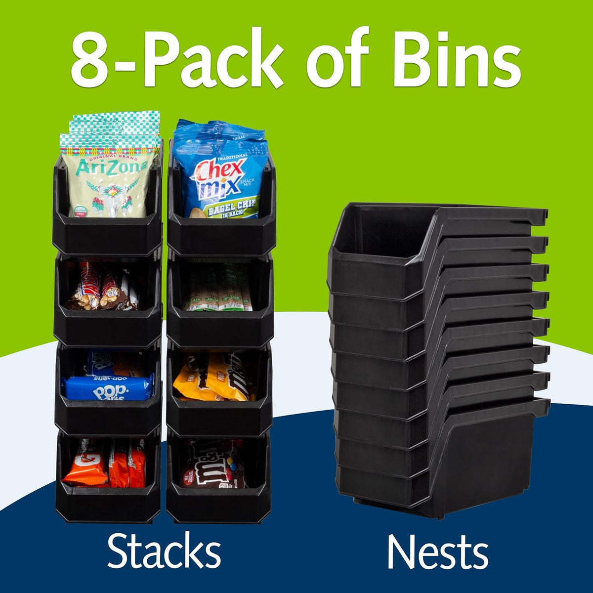 ReadySpace Plastic Containers for Organizing and Storage Bins for Closet, Kitchen, Office, Garage or Pantry Organization, Stackable Bins, Medium (11" x 5" x 5.5"), 8-Pack, Black