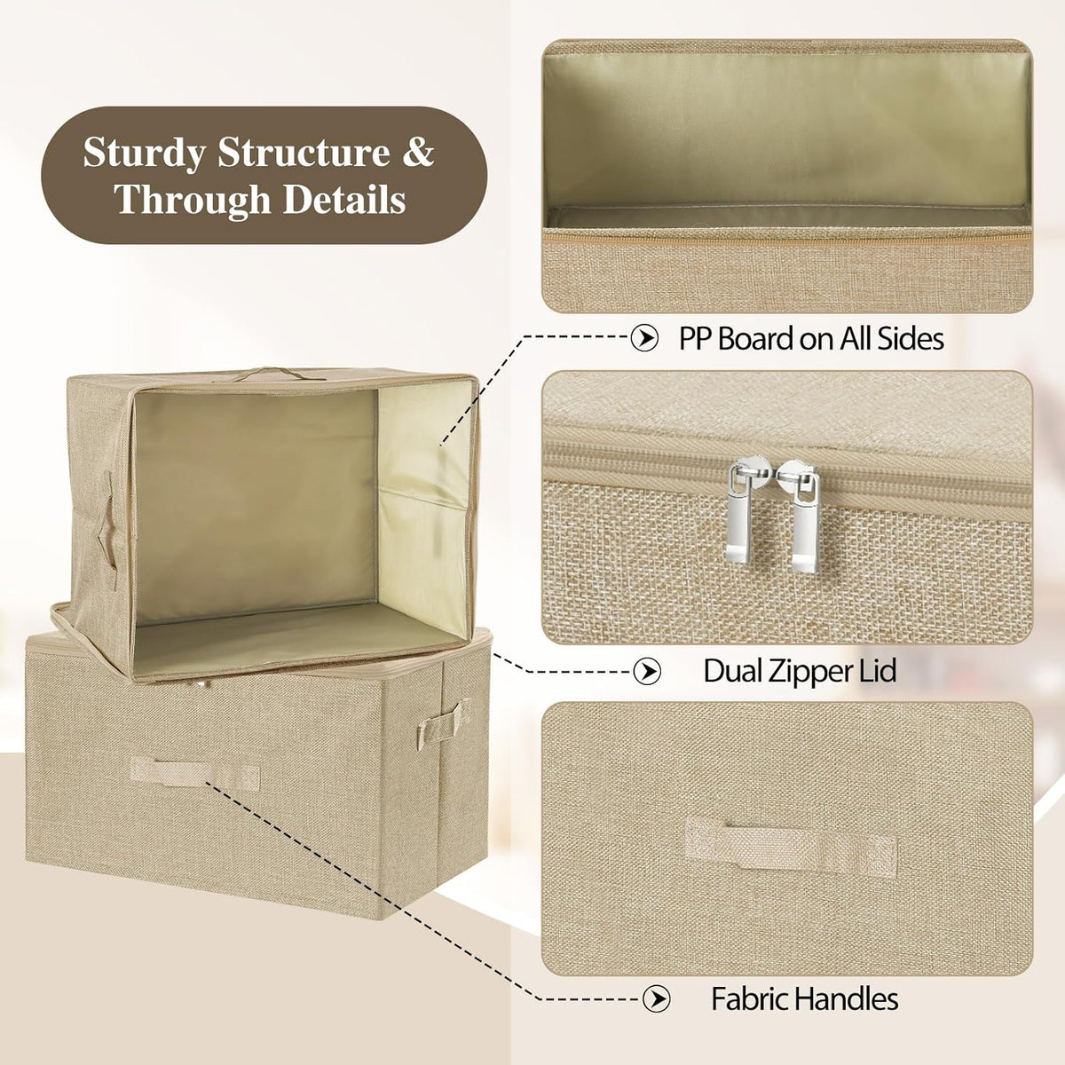 ANMINY Fabric Storage Bins with Zipper Lids, 15"x10"x6", Beige, 3 PCS