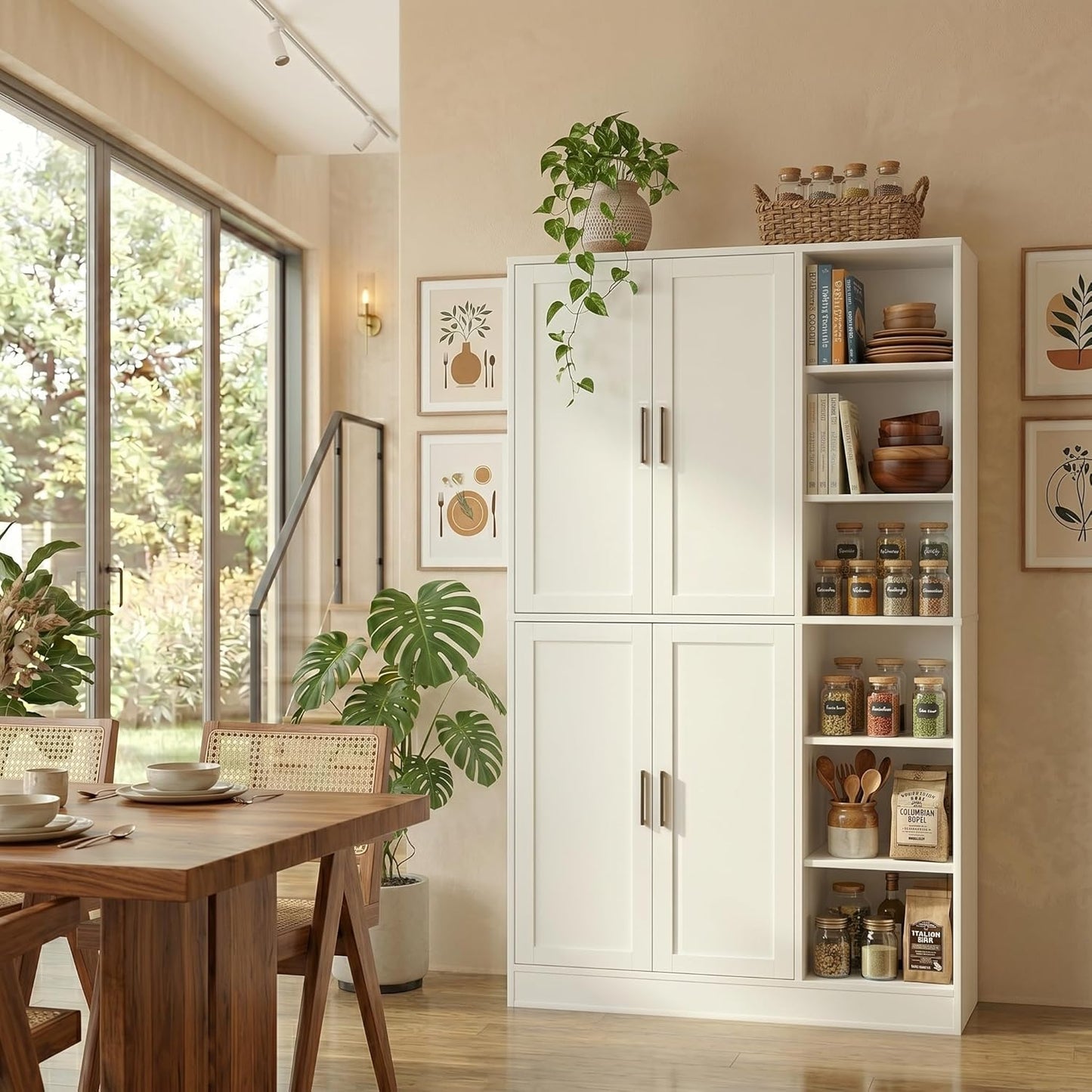 holzart 63" Tall Kitchen Pantry Cabinet, Freestanding Dining Room Storage Hutch with 4 Doors and Adjustable Shelves, Modern Utility Cupboard for Coffee Bar and Microwave, White