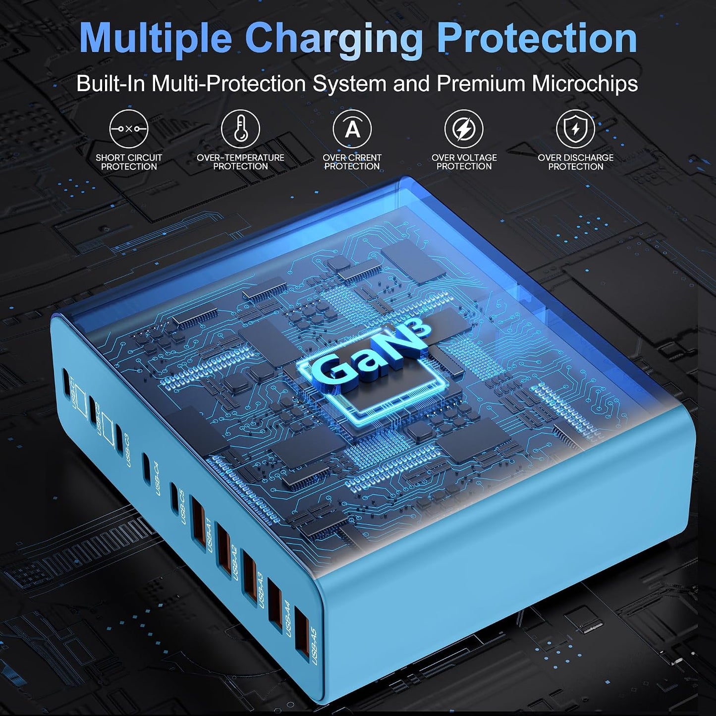 800W USB C Charger Block,10-Port Charging Station | Aexhend GaN Fast Charging Type C & USB A Wall Charger Adapter for MacBook Pro/Air,iPhone,iPad,Dell XPS,Samsung Galaxy(Blue)