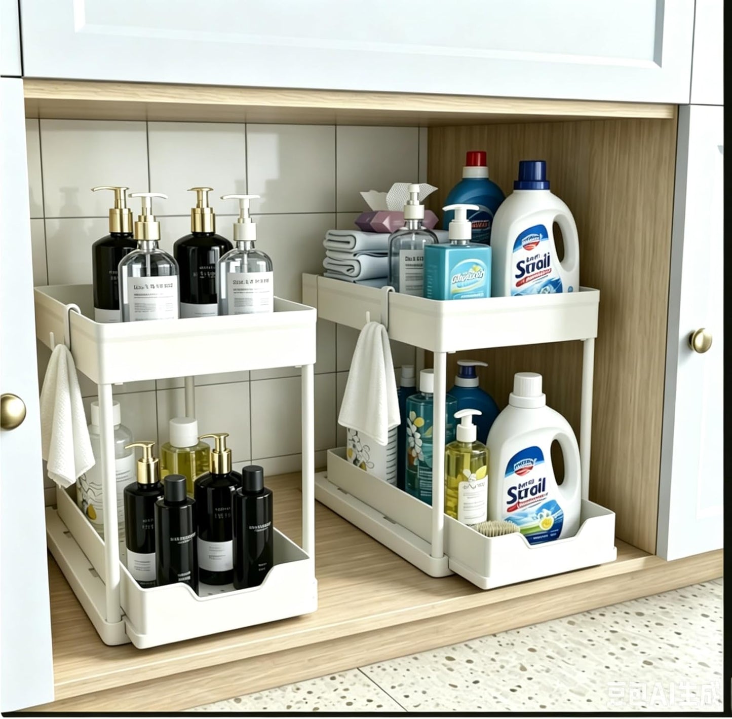 DEKAVA Under Sink Organizer 2 Pack，Bathroom Cabinet Organizer，2 Tier Sliding Cabinet Basket Organizer Drawer, Multi-Purpose Bath Collection Baskets for Bathroom (Grey)