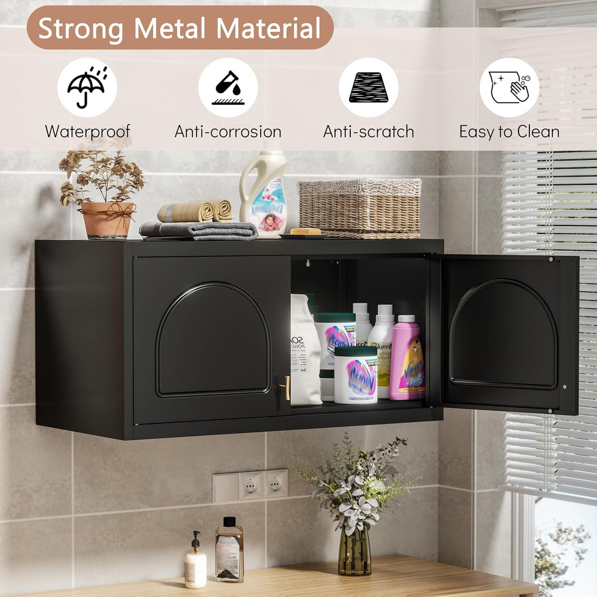 Polup Wall Cabinet with Doors, Small Hanging Cabinet for Kitchen Pantry | Metal Overhead Cabinet for Dining Room, Living Room, Bathroom, 16"D x 32"W x 15"H, Black, Assembly Required