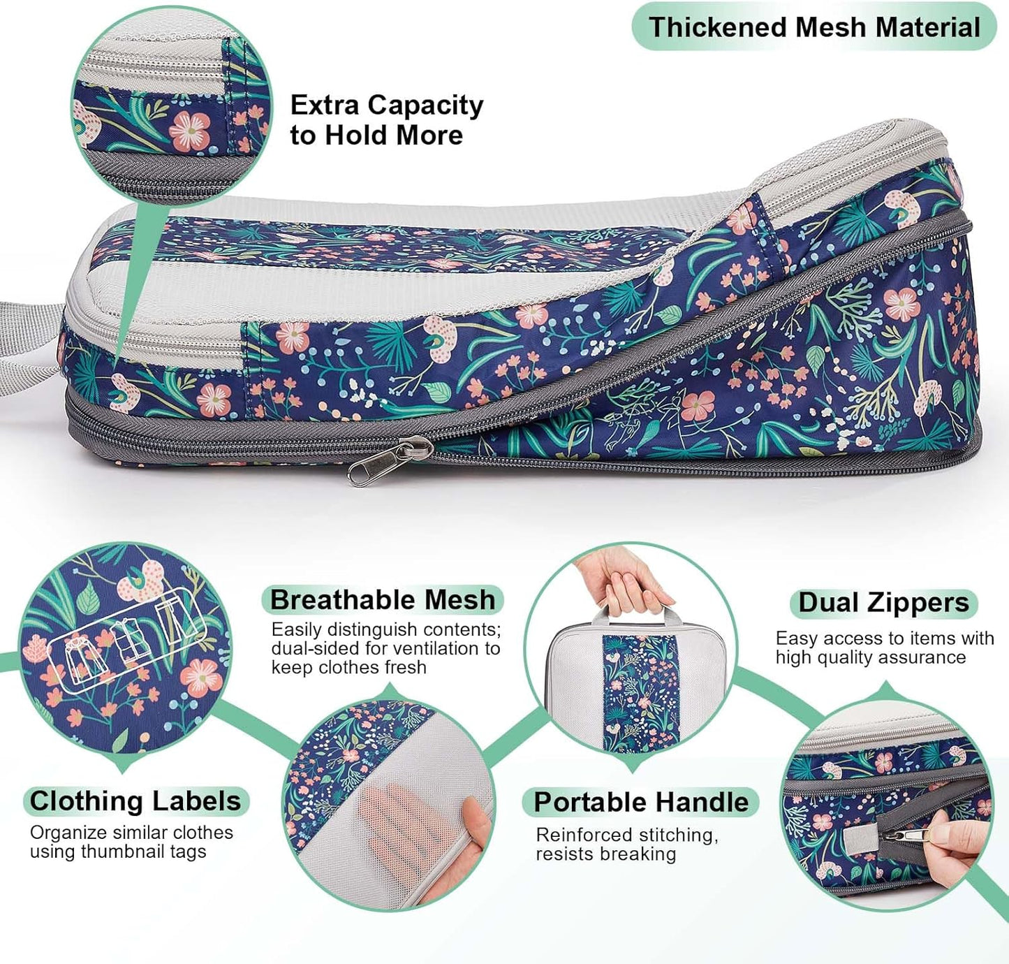 6 Set Compression Packing Cubes for Travel Essentials,Compressible Expandable Packing Cubes for Suitcase,OlarHike Luggage Garment Bags for Travel,Handy Helper for Organizing Clothes(Dark Blue Floral)