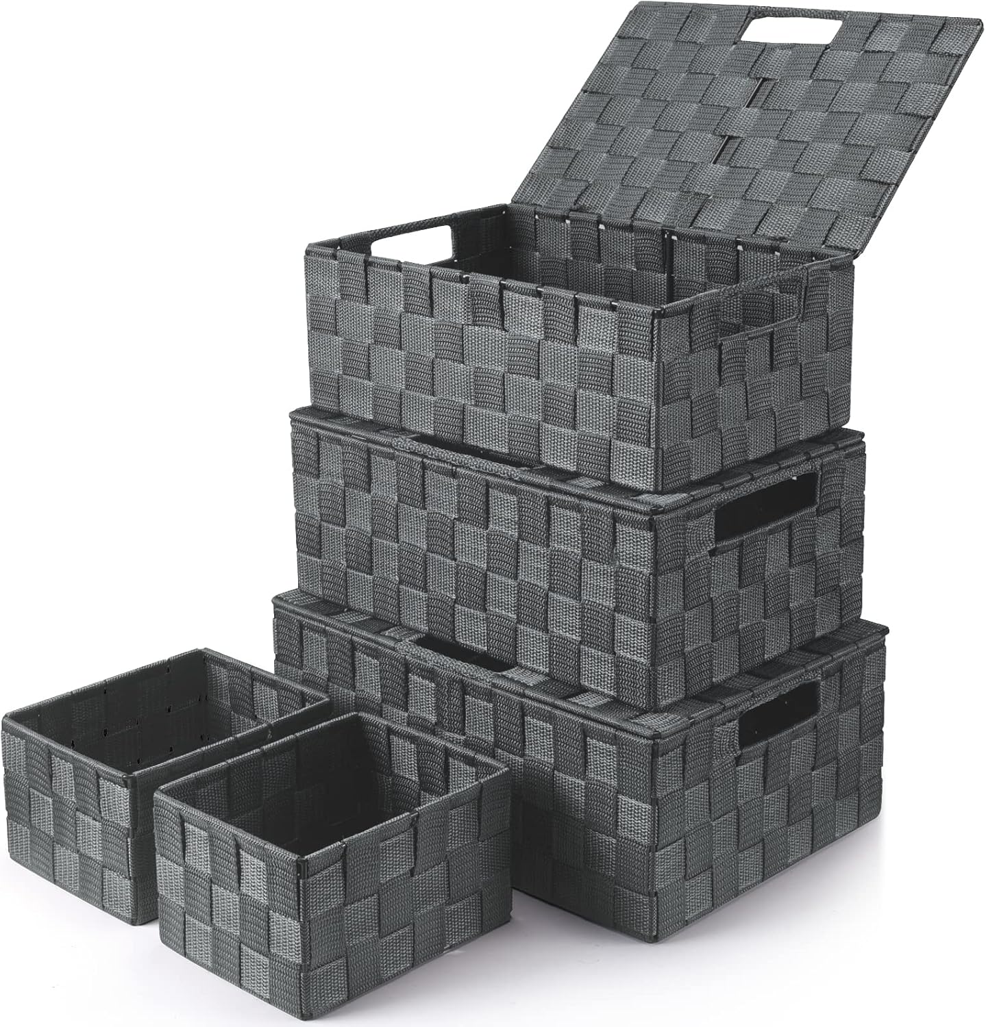 Storage Baskets with Lids: 5 Pack Stackable Woven Storage Bins, Grey