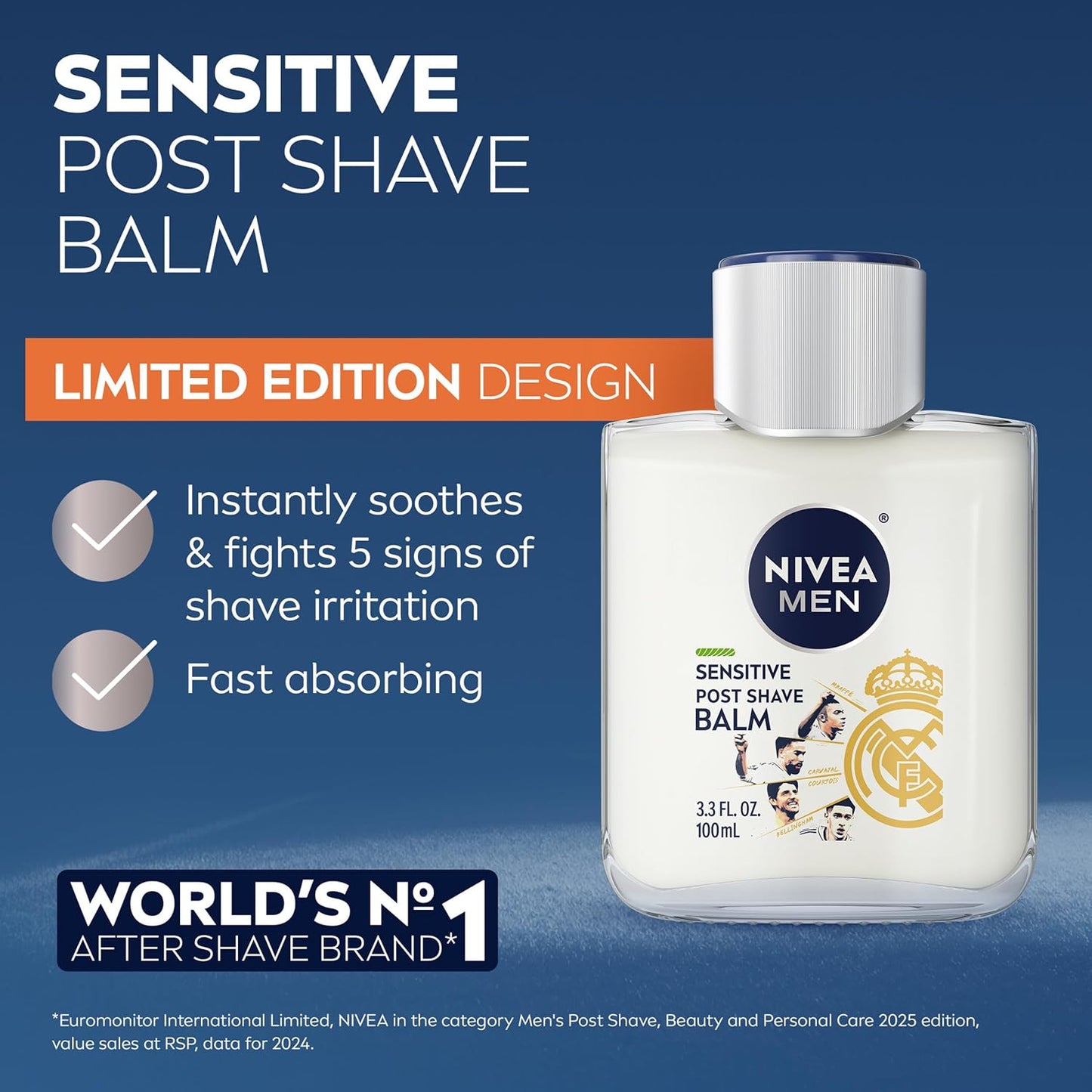NIVEA MEN Real Madrid Limited Edition Design Sensitive Post Shave Balm, with VitaminPro Complex, Alcohol Free After Shave Balm for Men, 3.3 Fl Oz Bottle, Pack of 3