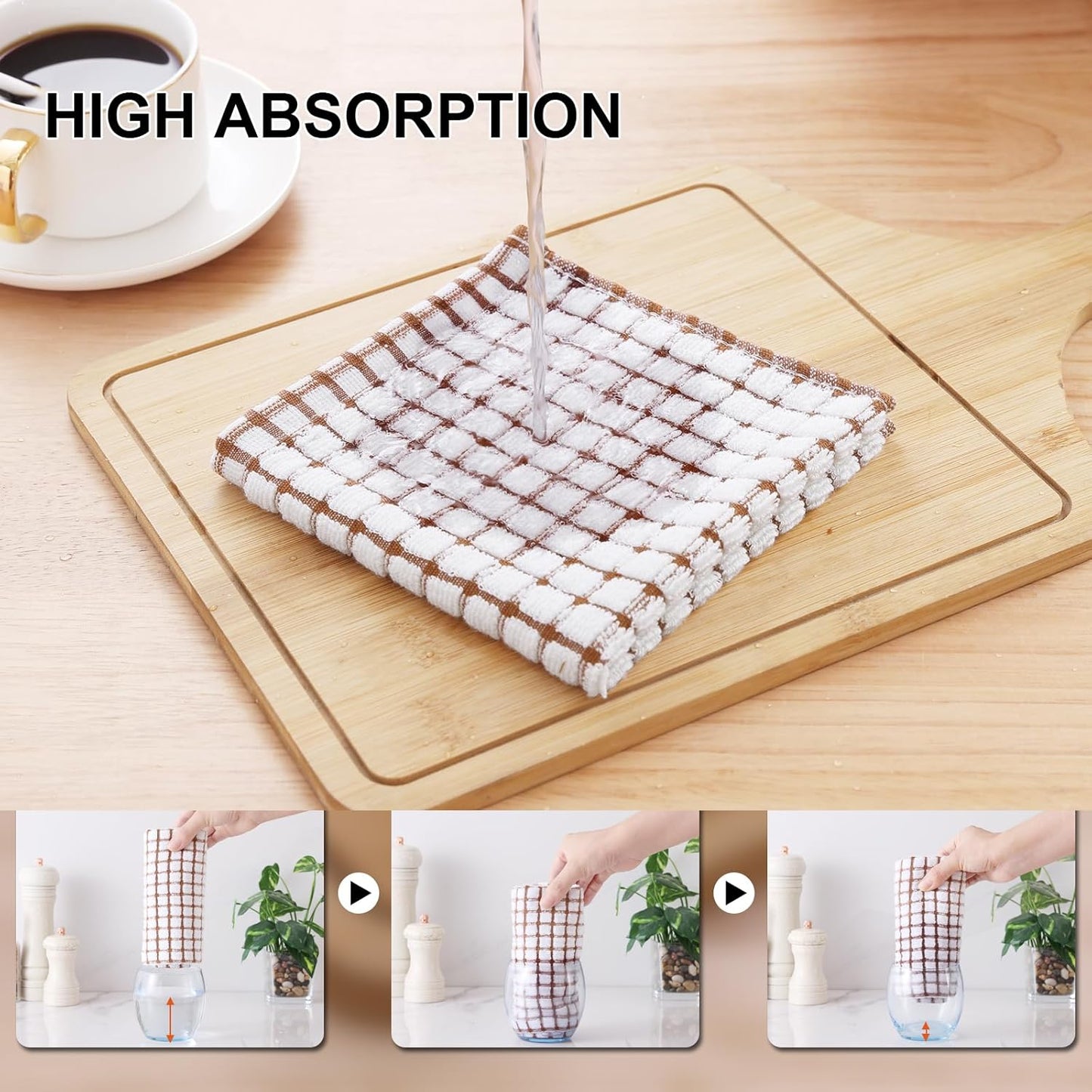 Kitinjoy Cotton 8 Pack Terry Kitchen Dish Cloths, 12 x 12 Inches Super Soft and Absorbent Dish Rags, Quick Drying Dish Towels for Washing Dishes, Brown