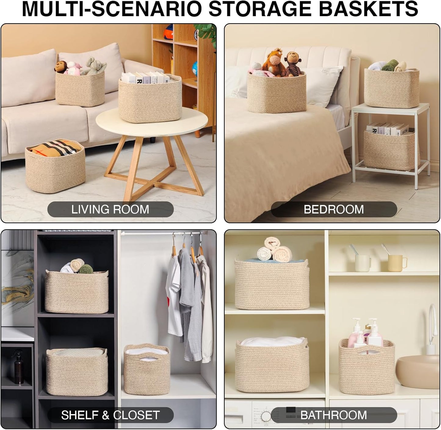ICERZCZ Decorative Storage Baskets for Organizing Shelves, Toy Basket for Nursery, Woven Cotton Rope Baskets for Decor, Towel Basket for Bathroom, 15"x11"x9.5", 3 Packs, Brown