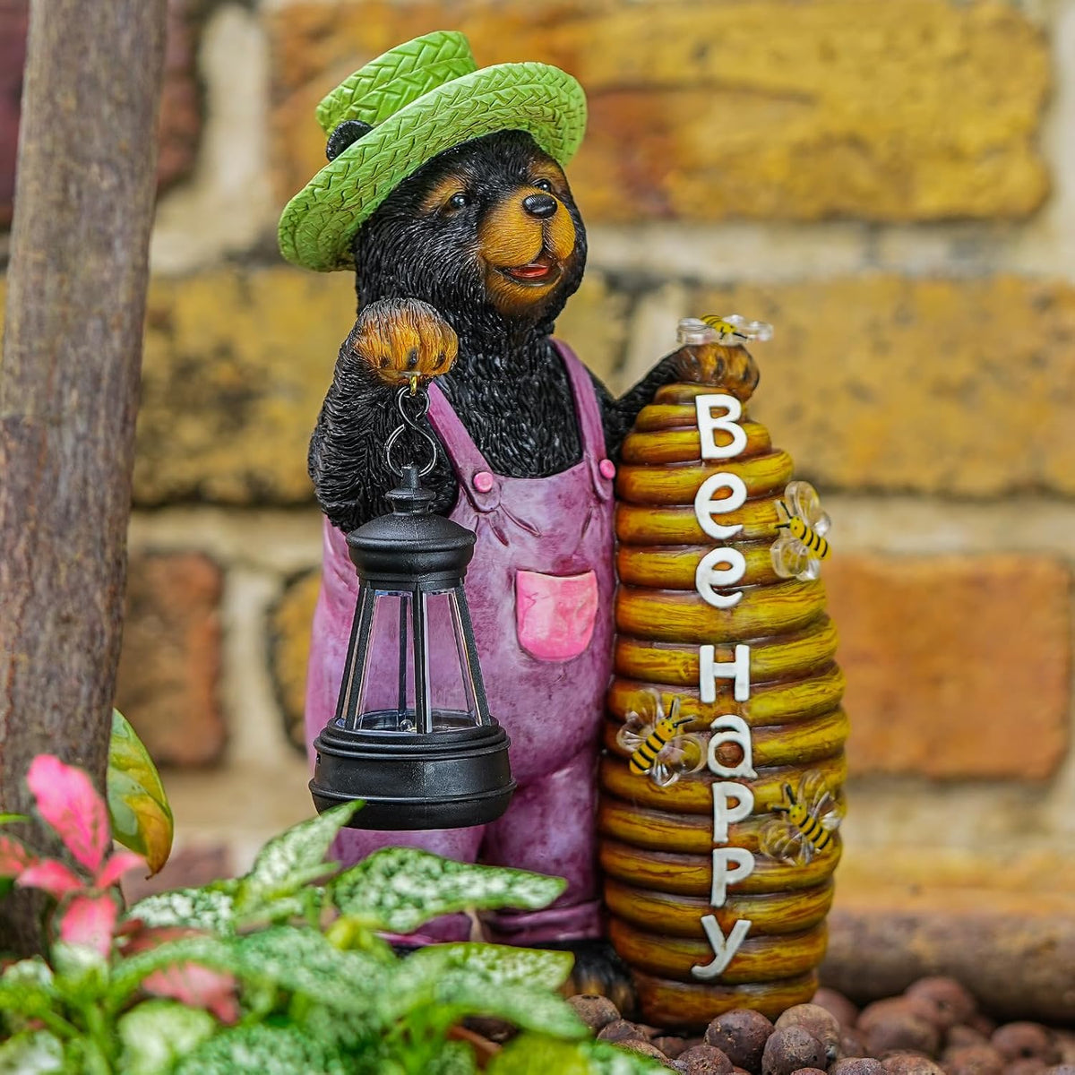 Joint Honglin Honey Bear Garden Statue with Lighted Beehive & Lantern