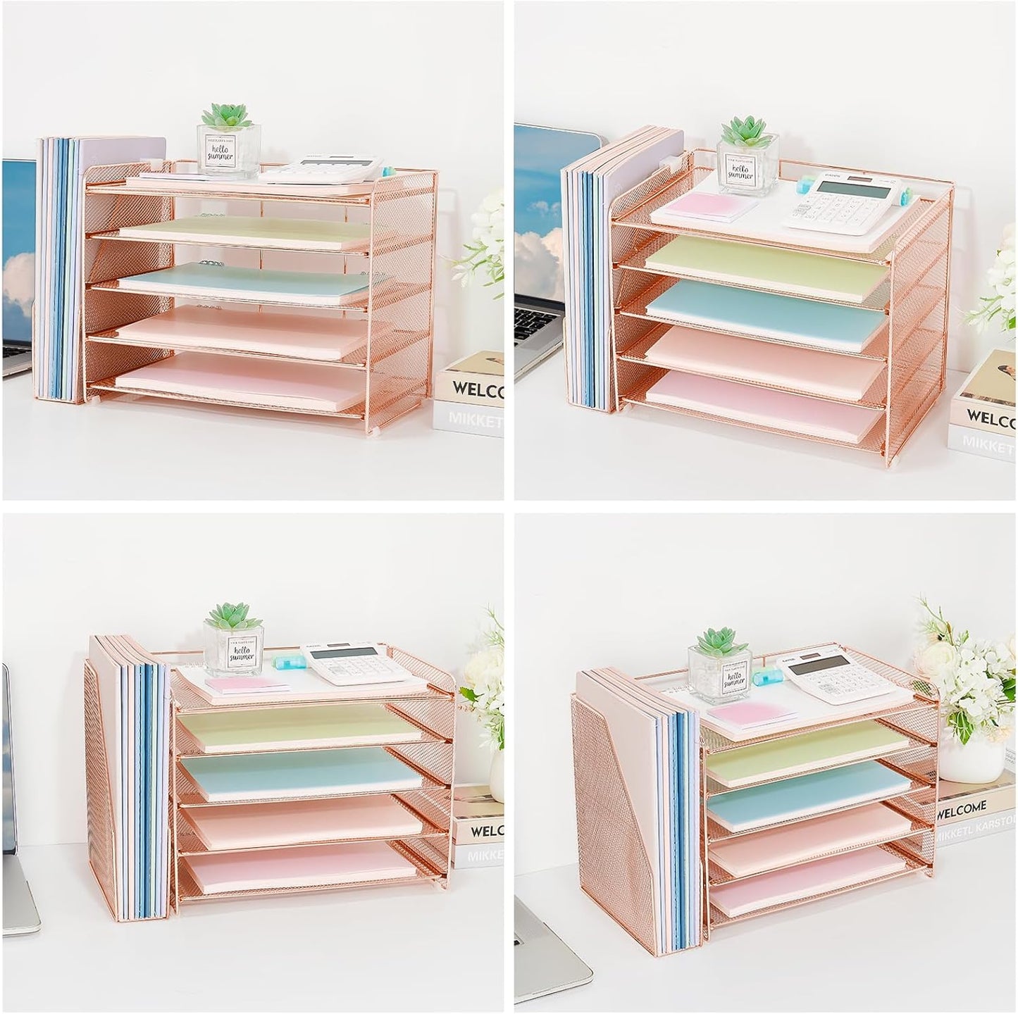 OPNICE Desk Organizer, 5-Tier Paper Organizer Letter Tray with Magazine Holder, Office Desk Accessories & Workspace Organizers, Desktop File Organizer for Office Supplies Storage, Rose Gold