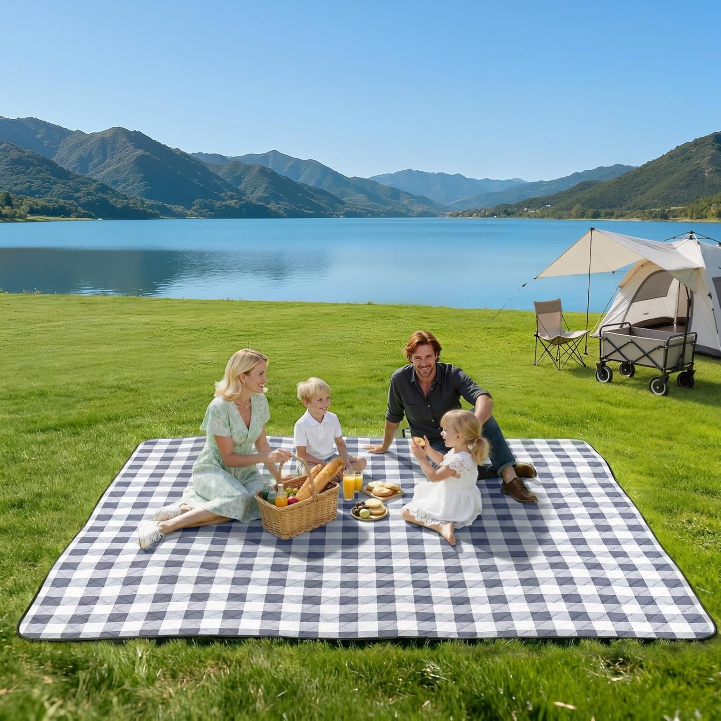 TigeJoy Extra Large Picnic Blanket Waterproof Foldable 80''x80'', Outdoor Picnic Mat Beach Blanket Sandproof for Park, Grass, Travel, Hiking, Camping Essentials, Gingham Picnic Blanket