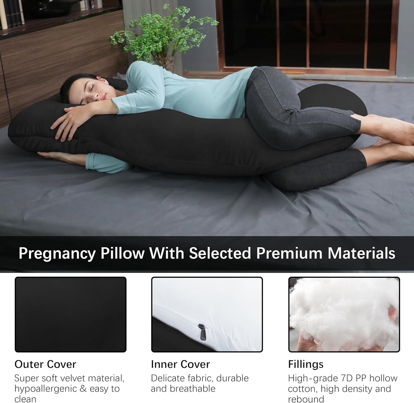 MOON PARK Pregnancy Pillows for Sleeping - U Shaped Full Body Maternity Pillow with Removable Cover - Support for Back, Legs, Belly, Hips - 57 Inch Pregnancy Pillow for Women - Black
