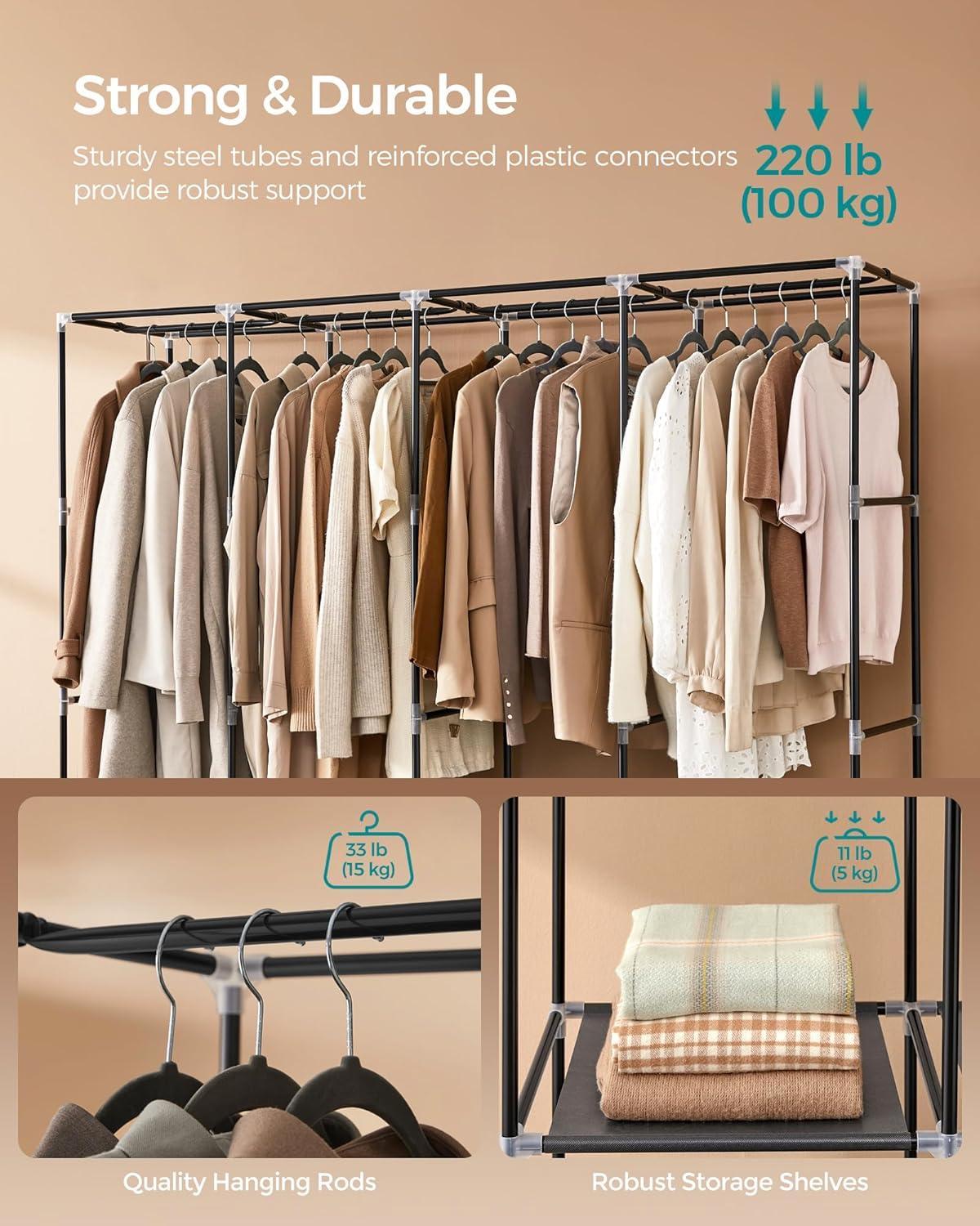 SONGMICS Portable Closet, Wardrobe Closet Organizer with Cover, 4 Hanging Rods and Shelves, 4 Side Pockets, 17.7 x 66.9 x 65.7 Inches, Large Capacity for Bedroom, Living Room, Ink Black URYG094B02