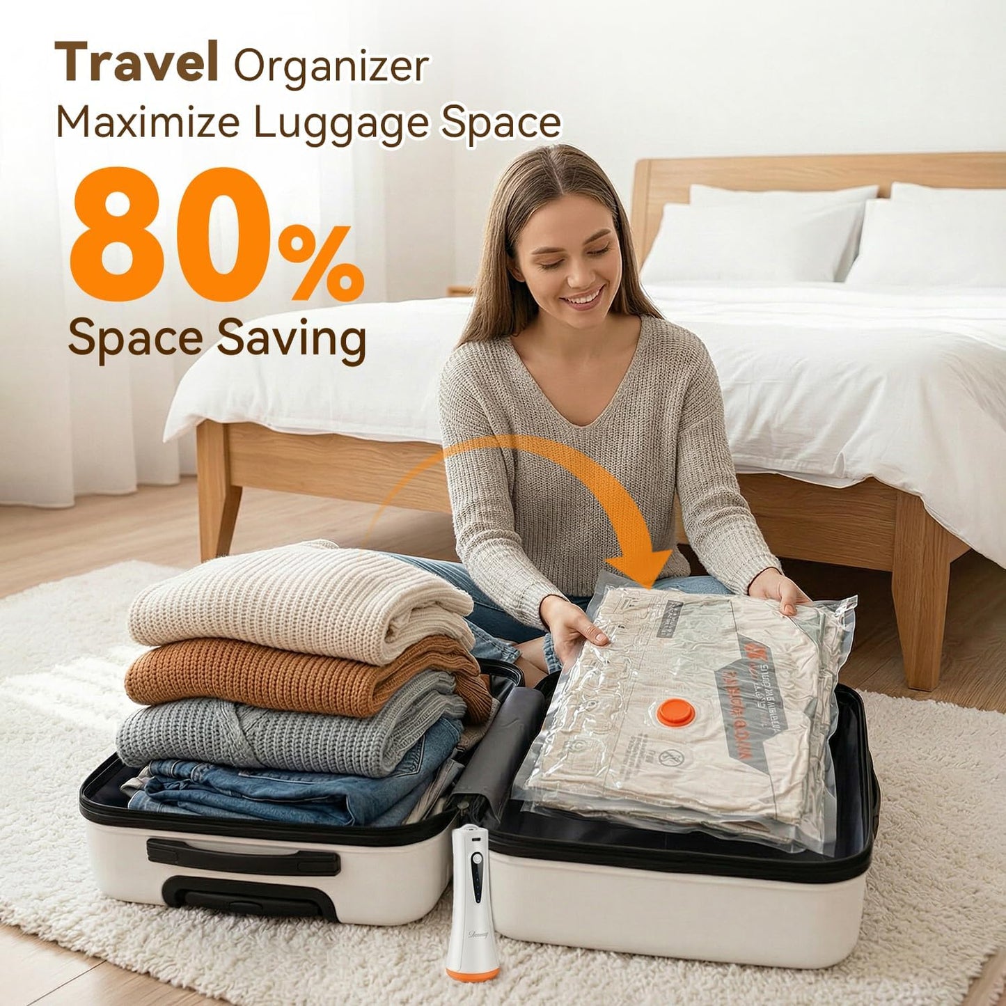 Vacuum Storage Bags for Travel with Rechargeable Air Pump, 12 Pack Space Saver Bags for Clothing, Luggage & Suitcase Compression, Efficient & Portable Storage Solution for Travel Essentials