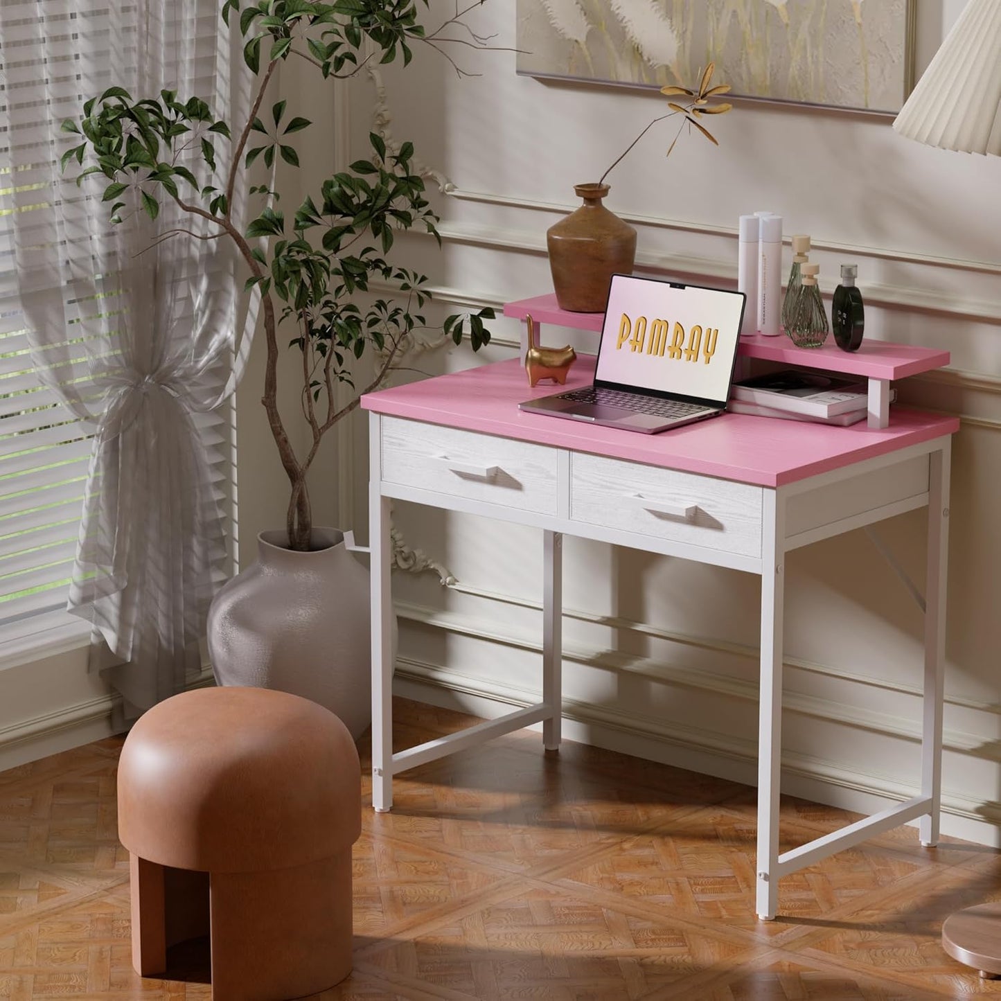 Pamray 32 Inch Small Computer Desk with Monitor Stand Home Office Desks with 2 Drawers for Bedroom Study Writing and Work Table for Small Spaces Pink