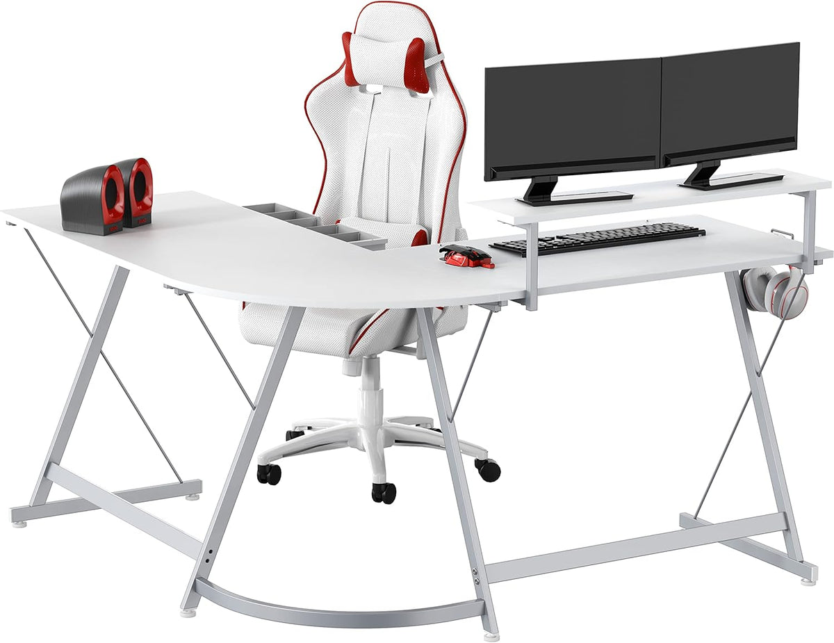 SHW 51 x 51 Inches Vista L-Shaped Desk with Monitor Stand and Drawer, White