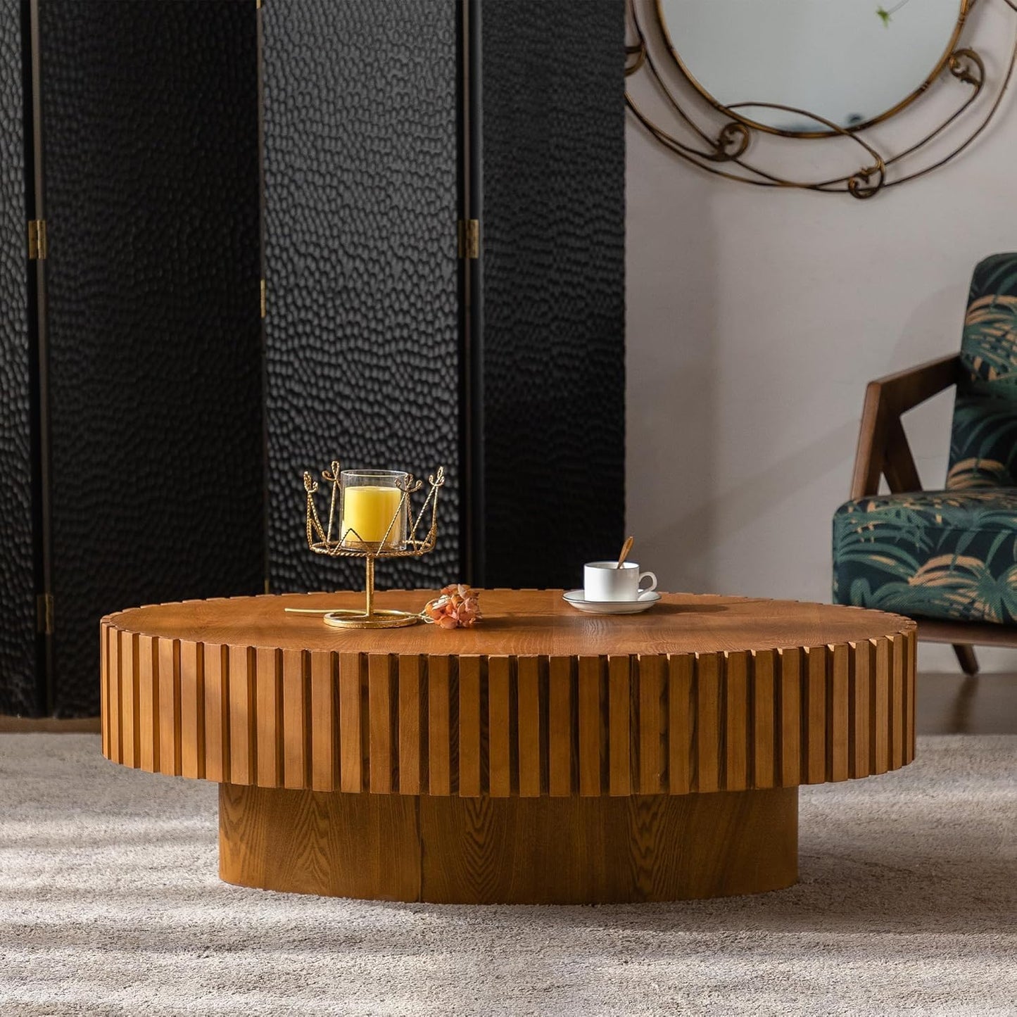 Oval Fluted Coffee Table (Oval Wood 43.3in) | Drum Coffee Tables for Living Room | Modern Pedestal Center Table
