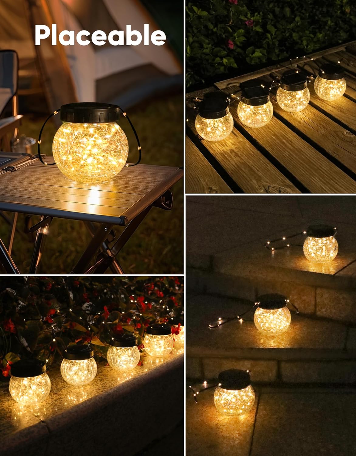 PARTPHONER Solar Lights Outdoor Waterproof 12-Pack, Solar Powered Hanging Lantern Cracked Glass Hanging Globes for Yard Decor Christmas Decoration, Shepherd Hook, Garden Tree Ornaments, Warm White