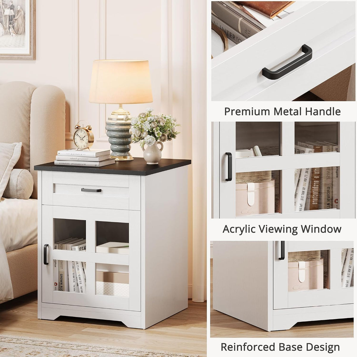 Farmhouse 18'' End Table, Narrow Sofa Side Table with Drawer and Barn Door, Wooden Nightstand Storage Cabinet for Living Room and Bedroom
