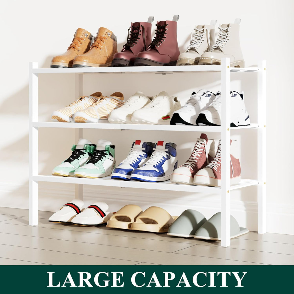 Smiry Bamboo Shoe Rack, 12 Vertical Slats, 3 Tier - 26.8" Wide, White