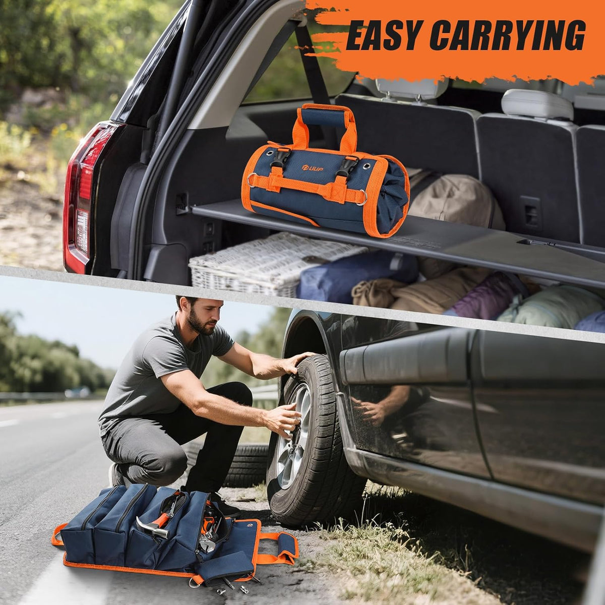 Tool Roll Bag Heavy Duty Tool Bag Gifts for Men Dad Mechanic, Blue Orange