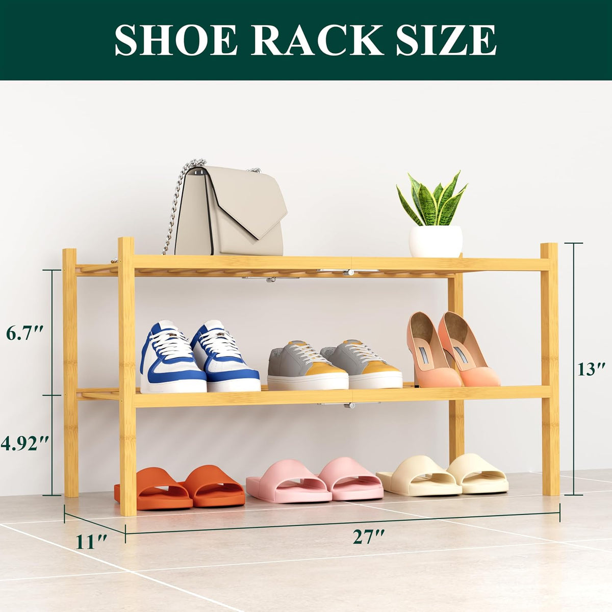 Smiry Bamboo Shoe Rack, 14 Vertical Slats, 2 Tier - 26.8" Wide, Natural