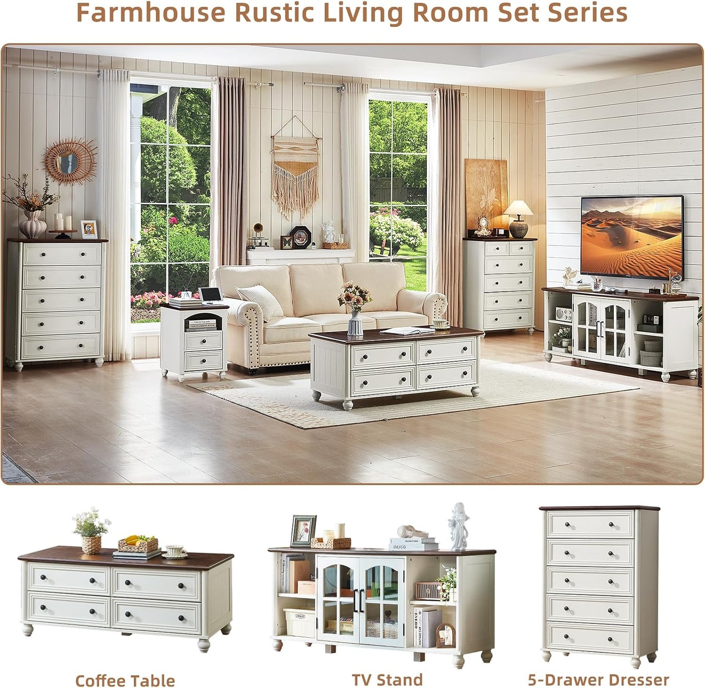 RWYHG 48" Farmhouse White Coffee Table, Center Table with 4 Drawers | High Capacity Hidden Storage, Smooth Roman Column Handles & Drawers, Solid Wood Sturdy Curved Legs, for Living Room,Office