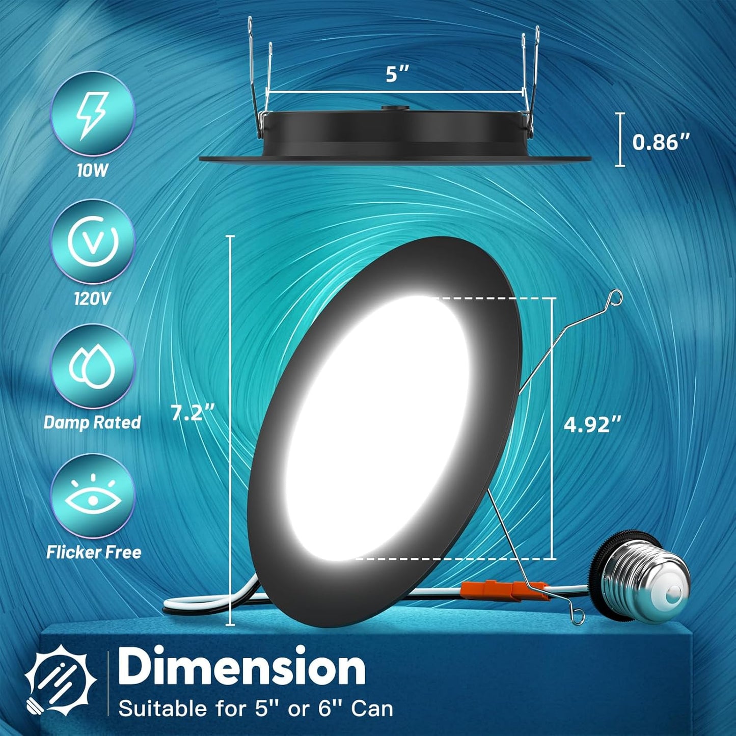 FREELICHT 6 Pack Retrofit LED Recessed Lighting 6 Inch, Selectable 2700K/3000K/4000K/5000K/6000K, Dimmable Flat LED Can Lights, 10W=110W, 1000LM, IC & Damp Rated, ETL & FCC, Black
