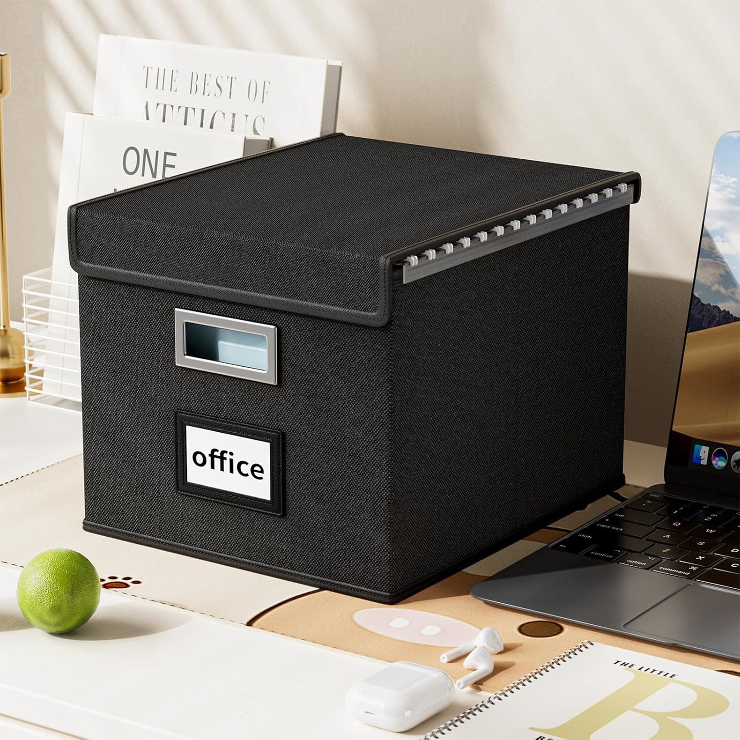 File Organizer Box with Lid, Collapsible File Folder Organizer for Office Document Storage, Filing Box with Plastic Slide for Letter Size Hanging File Folders(1 Pack, Black)