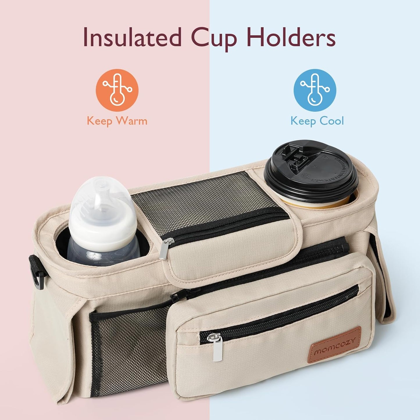 Momcozy Universal Baby Stroller Organizer, 2 Insulated Cup Holder, Detachable Zippered Pocket, Adjustable Shoulder Strap, Large capacity for baby essentials, Compact Design Fits Any Strollers