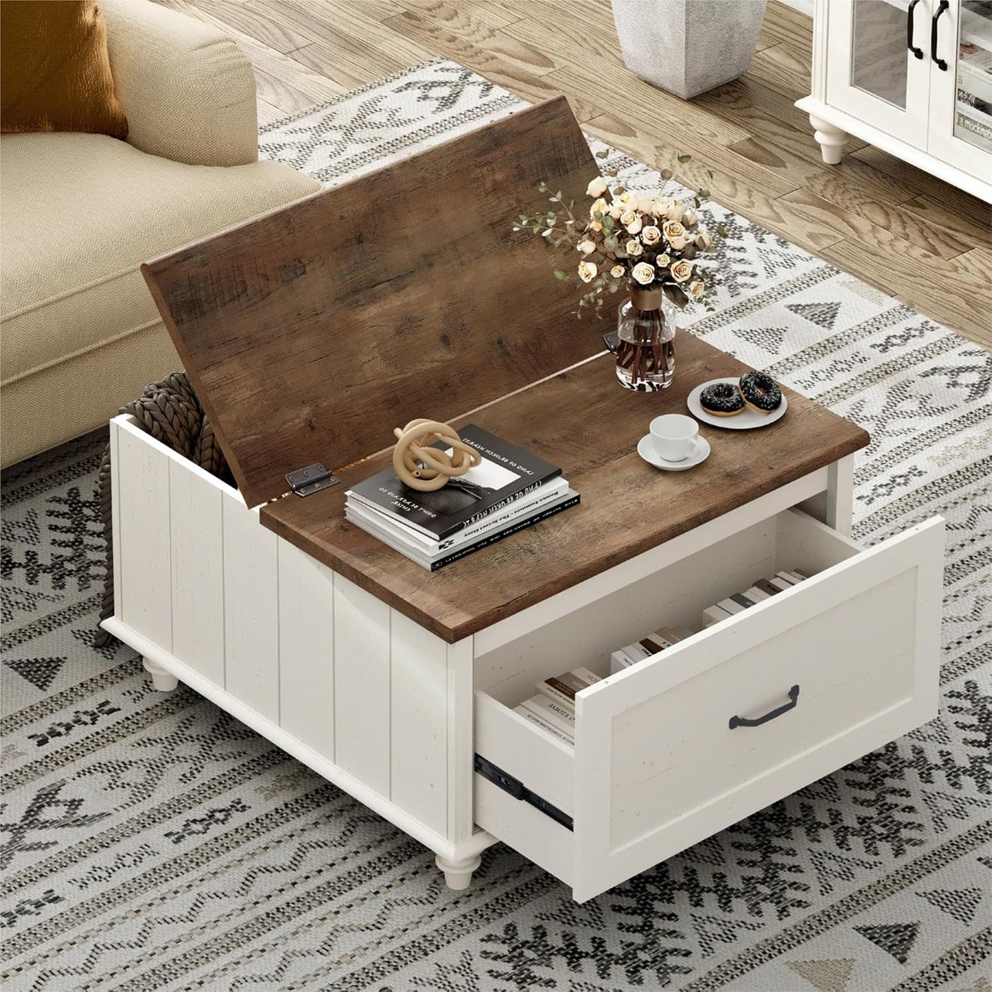 WAMPAT Farmhouse Lift Top Coffee Table with Storage Cabinet, Square Coffee Table with Large Drawer, Wooden Center Table for Living Room, Home, Office, Off White
